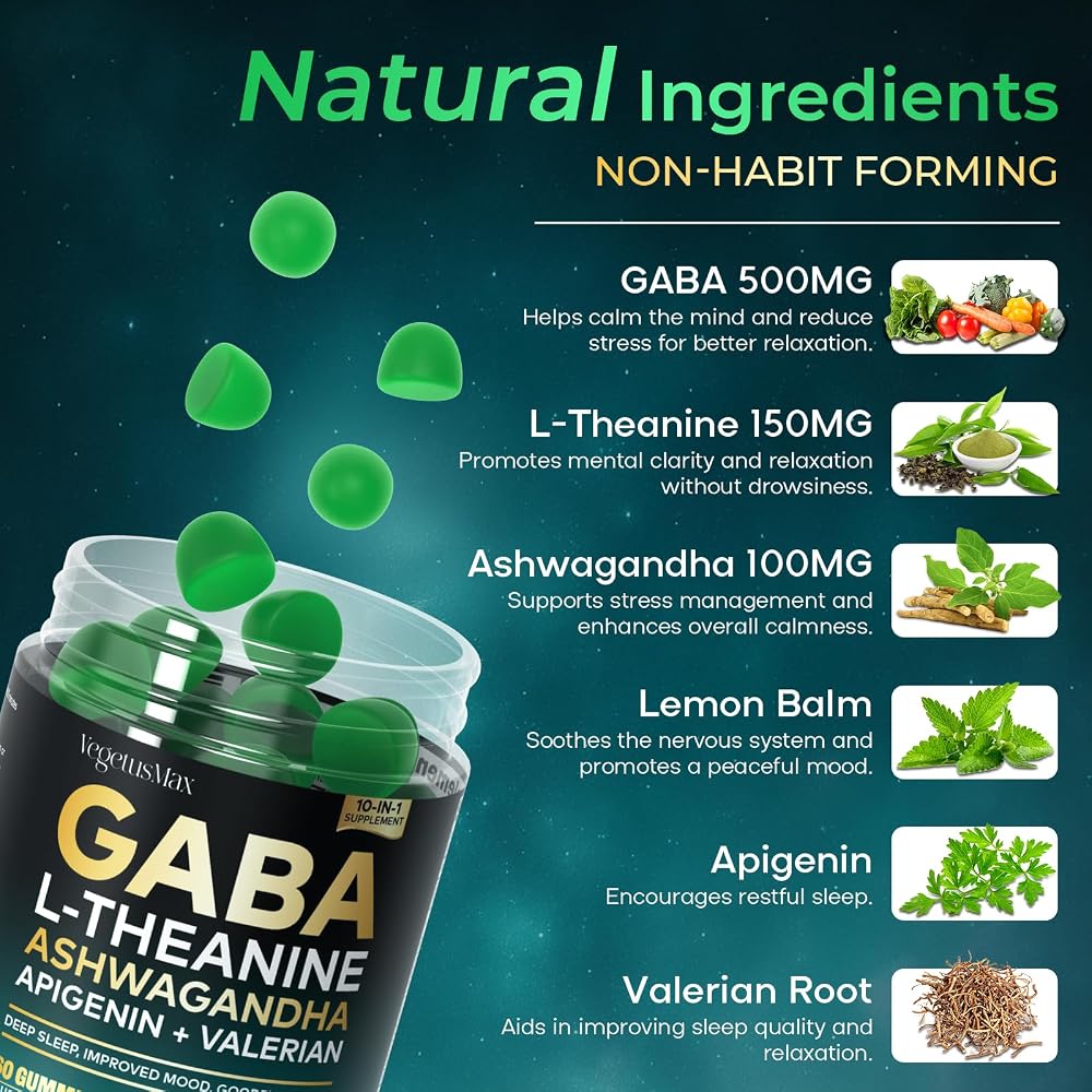 VEGETUSMAX GABA Gummies 500mg Sugar-Free Calm Gummies with L Theanine