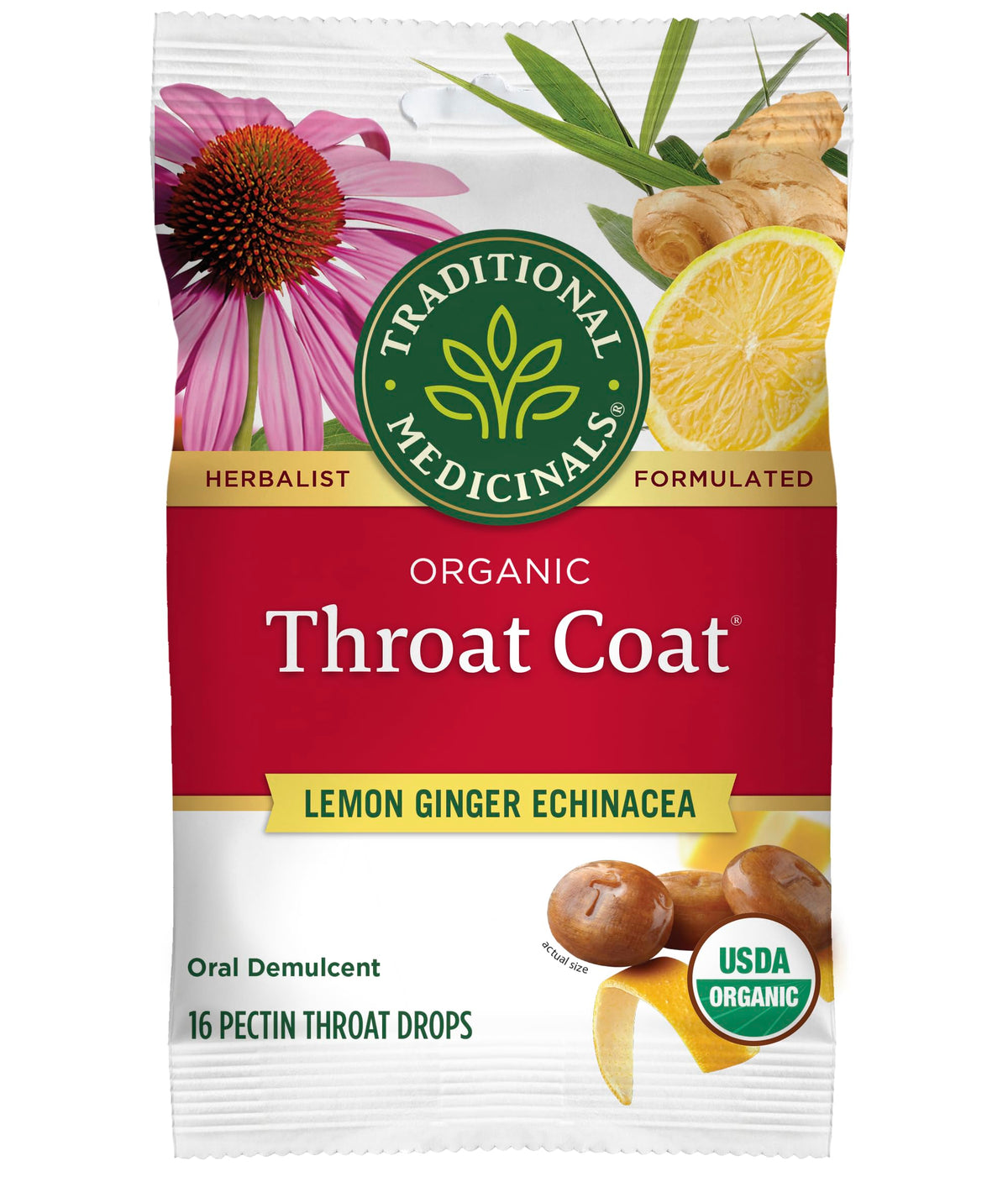 Traditional Medicinals Throat Coat Lemon Ginger Echinacea Lozenges - 16 Count