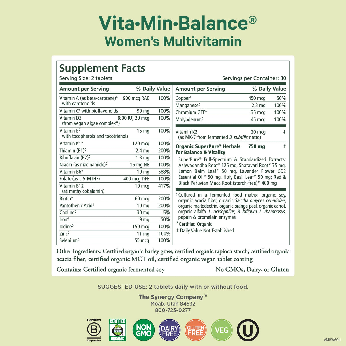 PURE SYNERGY Vita·Min·Balance Multivitamin for Women with Iron - 60 Tablets - image 2