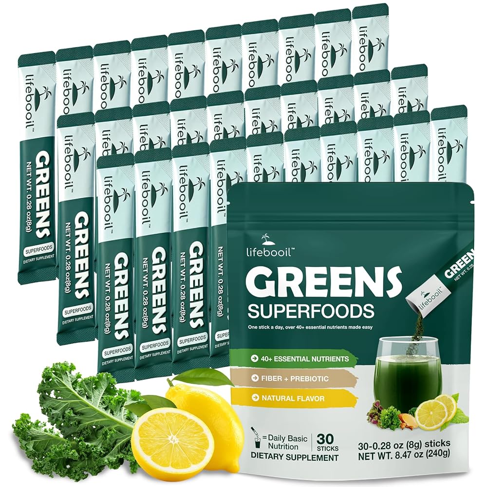 Lifebooil Super Greens Powder Stick Packs with 40+ Superfoods - 30 Packets