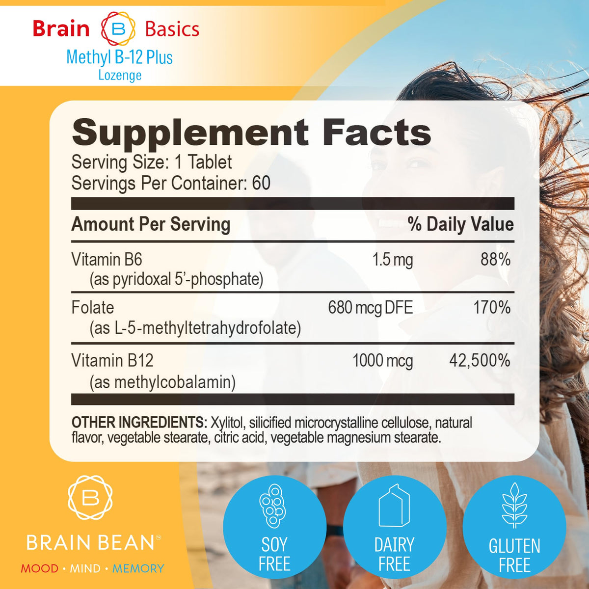 Brain Bean Methyl B12 1000 mcg + Methylfolate Lozenges - 60 Count - image 4