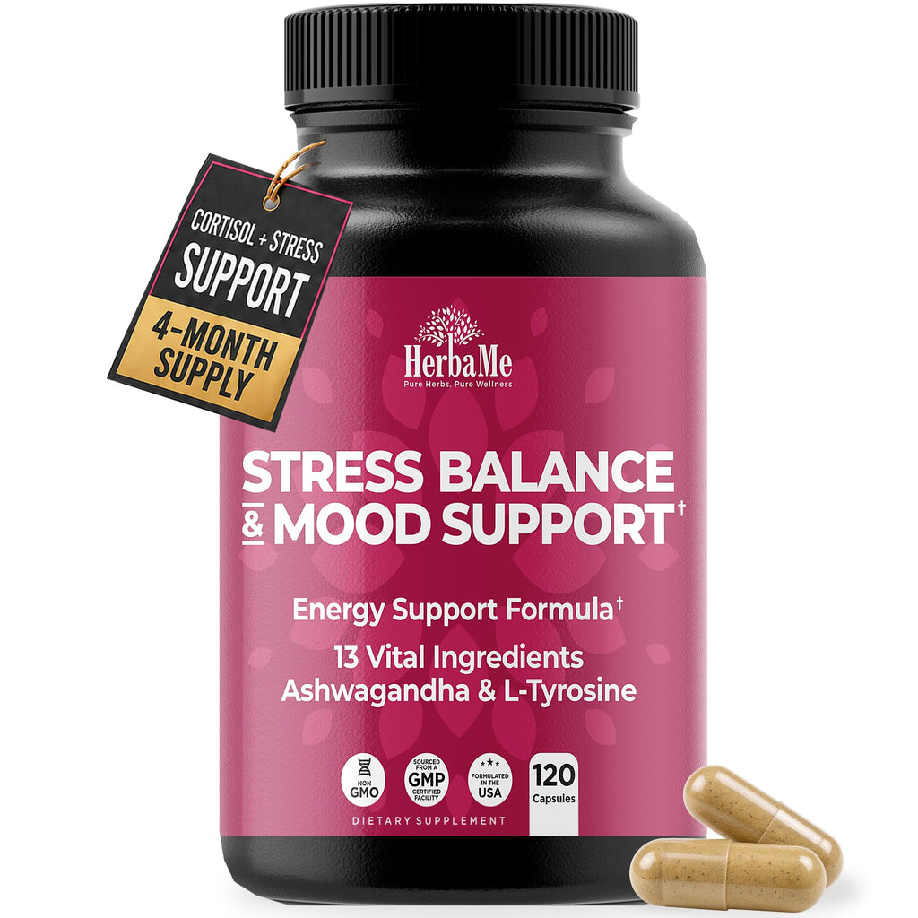 HerbaMe Stress & Mood Support Supplement with Ashwagandha - 120 Capsules