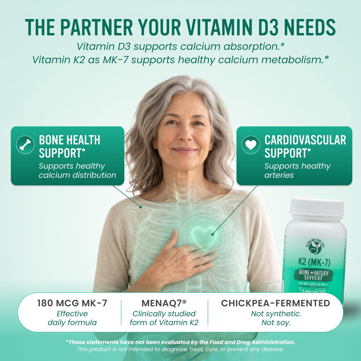 Alkaline for Life Vitamin K2 MK-7 MenaQ7 180 mcg Bone Support - 60 Capsules - image 3