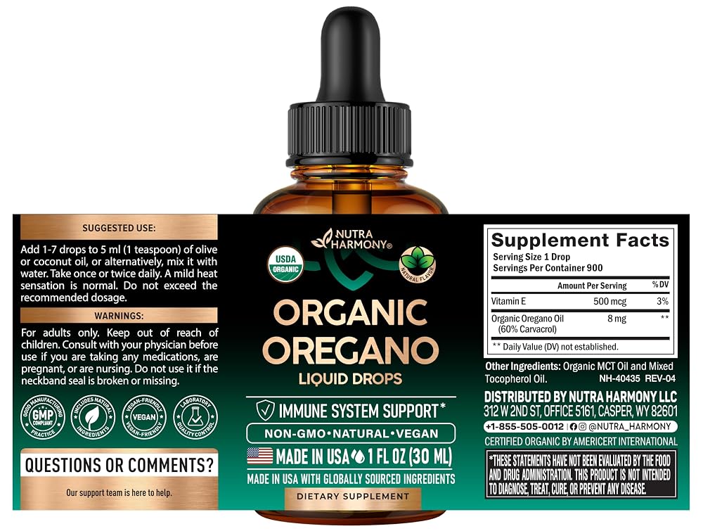 NUTRAHARMONY Oregano Oil Drops Organic 60% Carvacrol - 1 oz - image 2