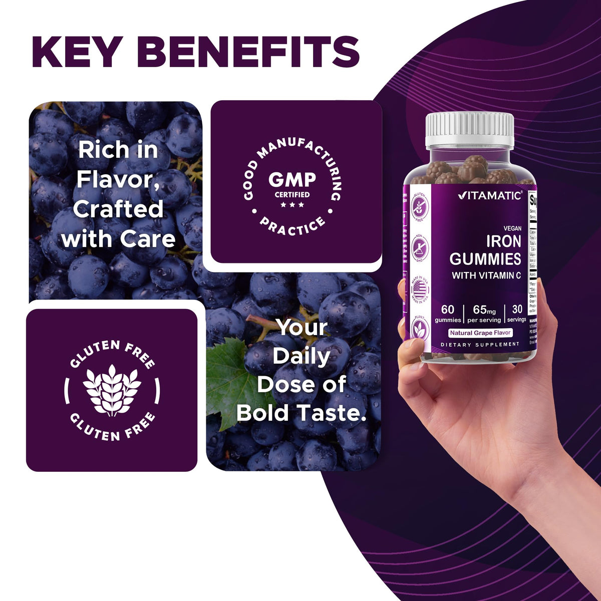 Vitamatic Iron 65 mg Gummies Supplement for Women & Men - 60 Vegan