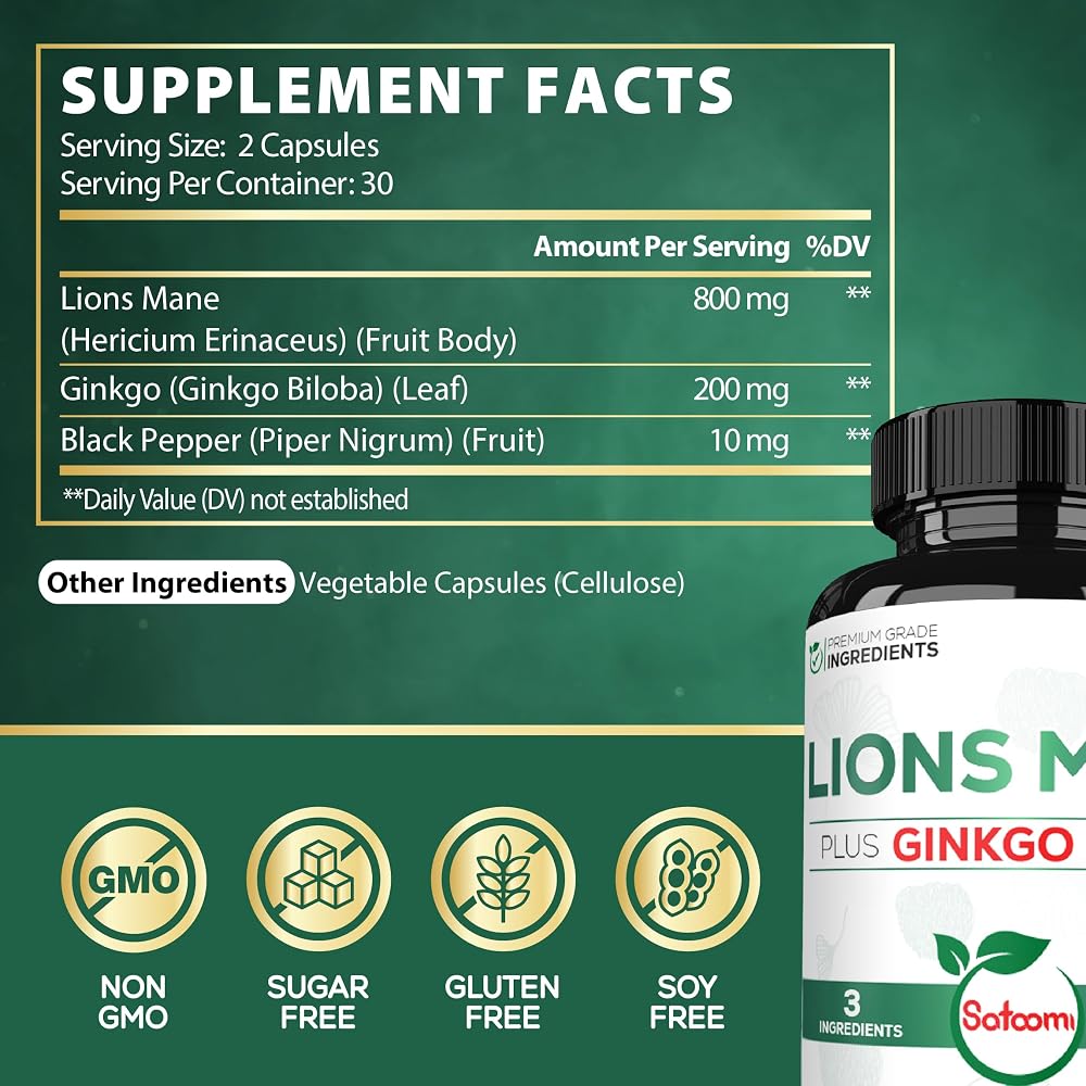 Satoomi Lions Mane Supplement with Ashwagandha and Ginkgo Biloba
