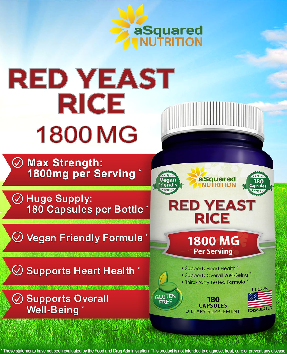 aSquared Nutrition Red Yeast Rice 1800mg - 180 Vegetarian Capsules - image 3
