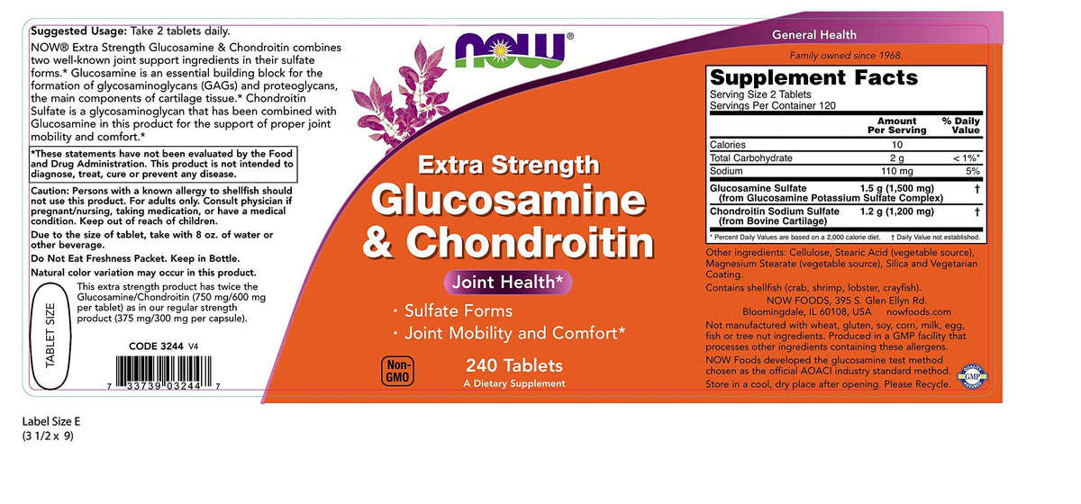 NOW Foods Glucosamine and Chondroitin 750-600 mg - 240 Tablets - image 2