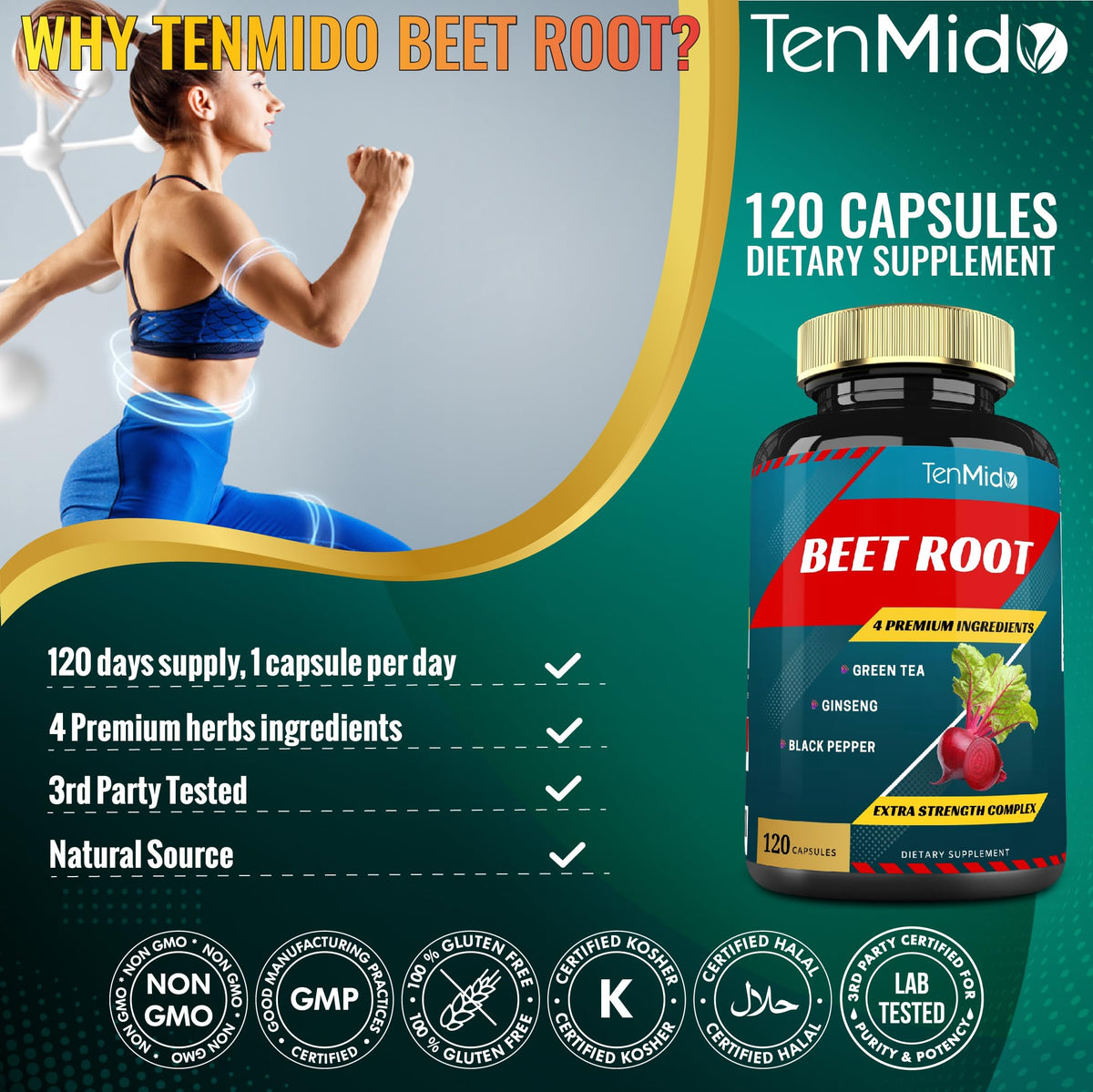 Tenmido Beet Root Extract Capsules Energy Support - 120 Count - image 8