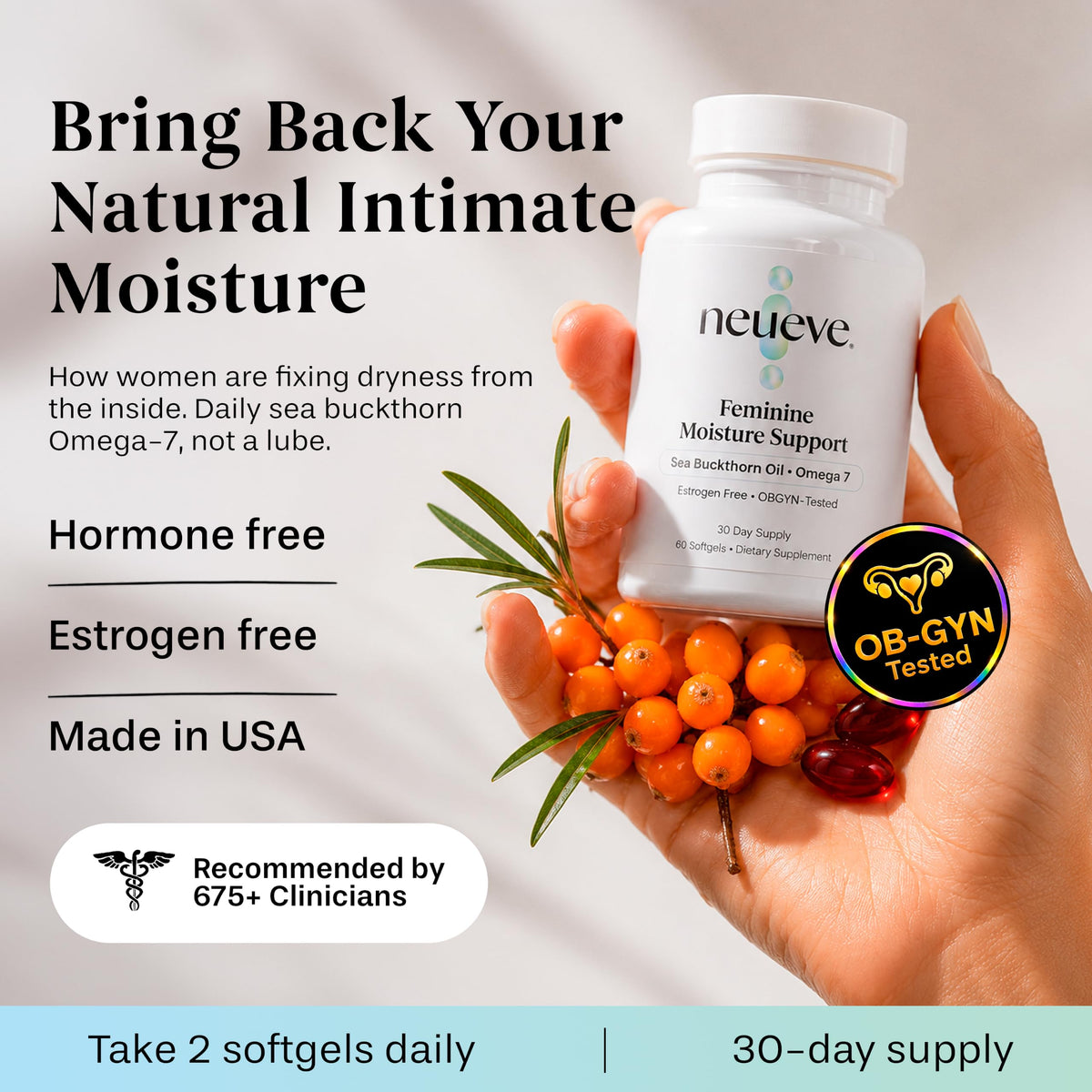 NeuEve Feminine Moisture Support with Sea Buckthorn Oil - 60 Softgels - image 2