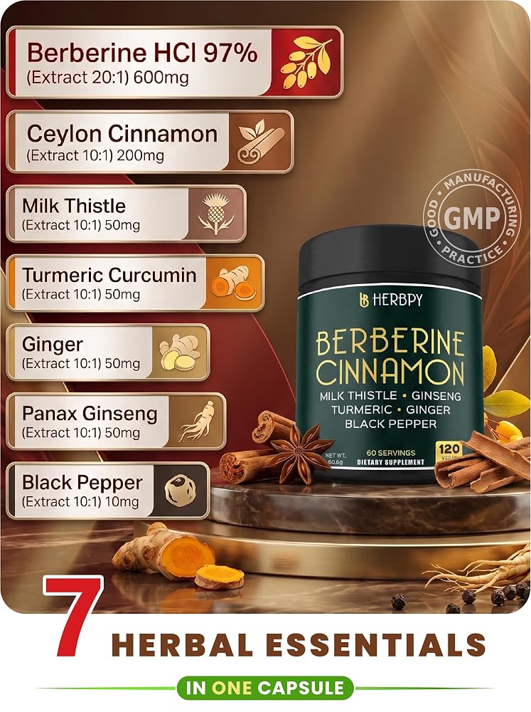 Herbpy 7in1 Premium Berberine HCl with Ceylon Cinnamon - 120 Capsules - image 3