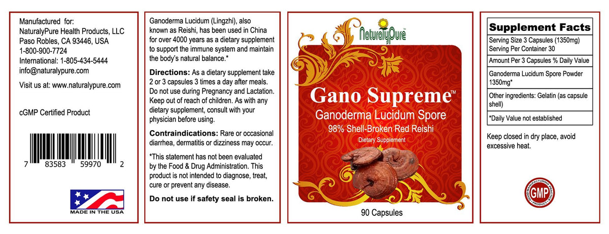 NaturalyPure Gano-Supreme Reishi Spore 450mg - 90 Capsules - image 2
