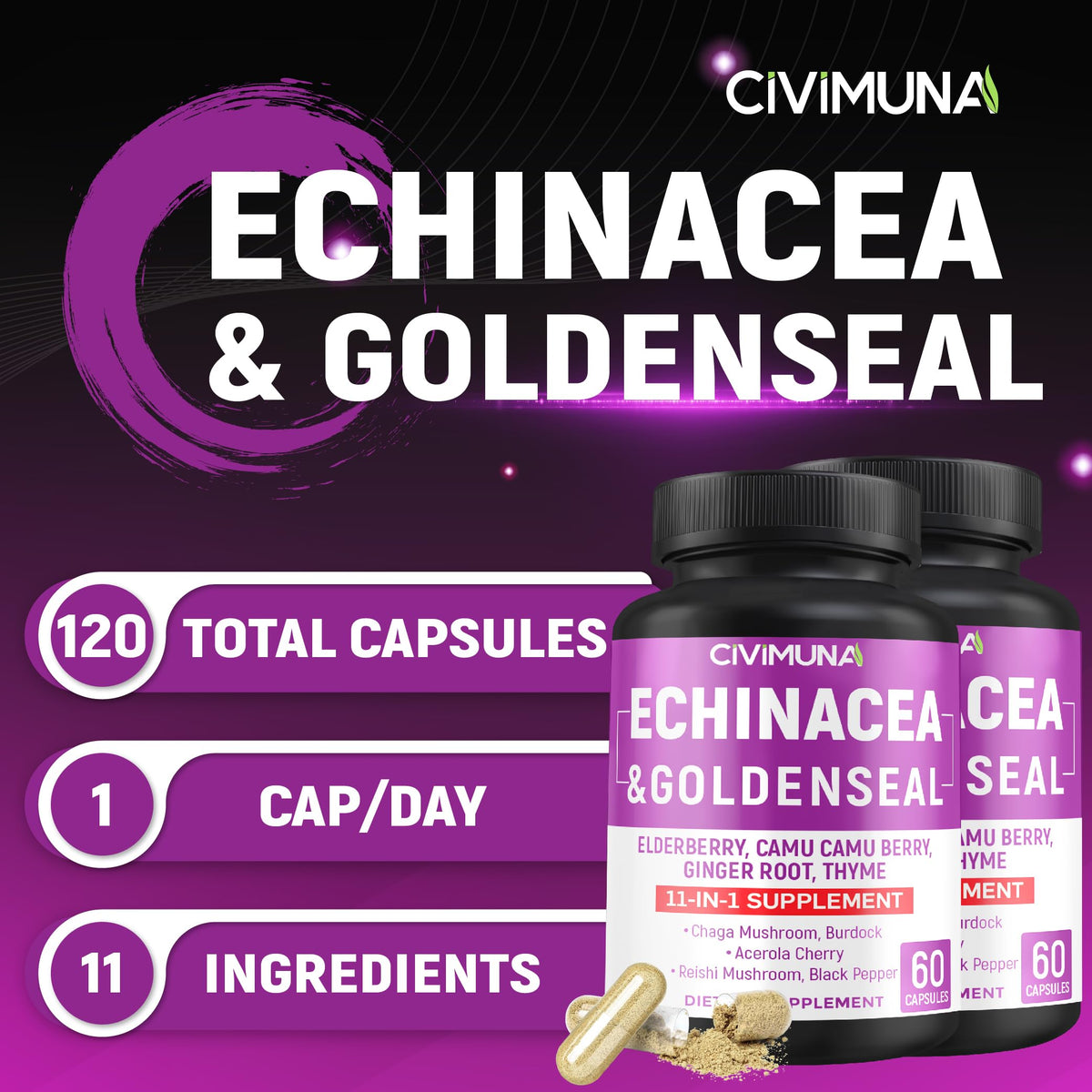 CIVIMUNA Echinacea Capsules with Goldenseal & Elderberry - 120 Capsules - image 2