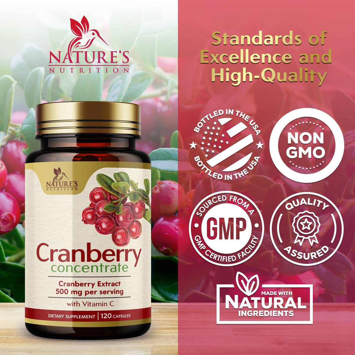 Nature's Nutrition Cranberry Pills Supplement 500mg Per Serving
