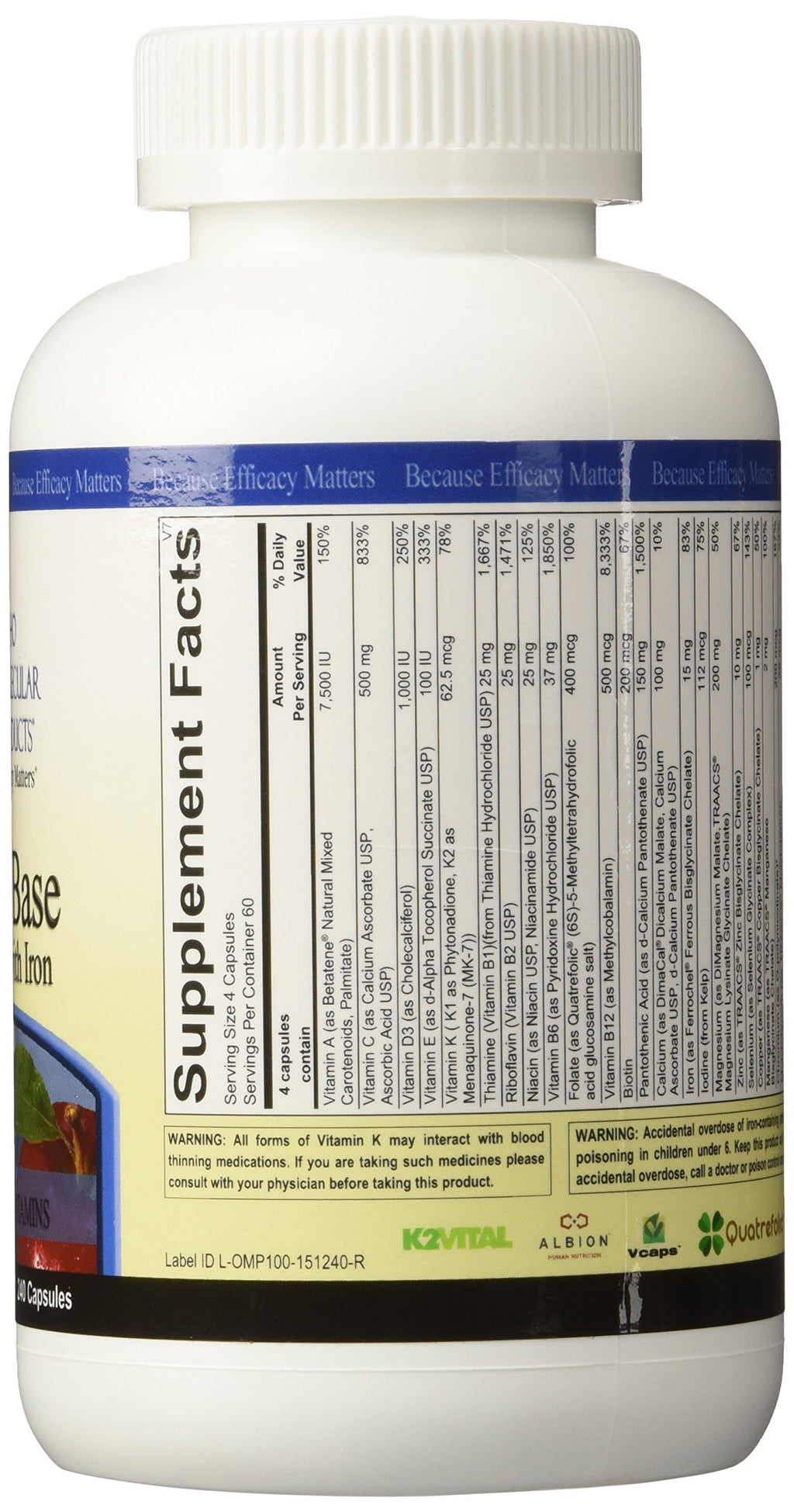 Ortho Molecular Products Alpha Base with Iron - 240 Capsules - image 2