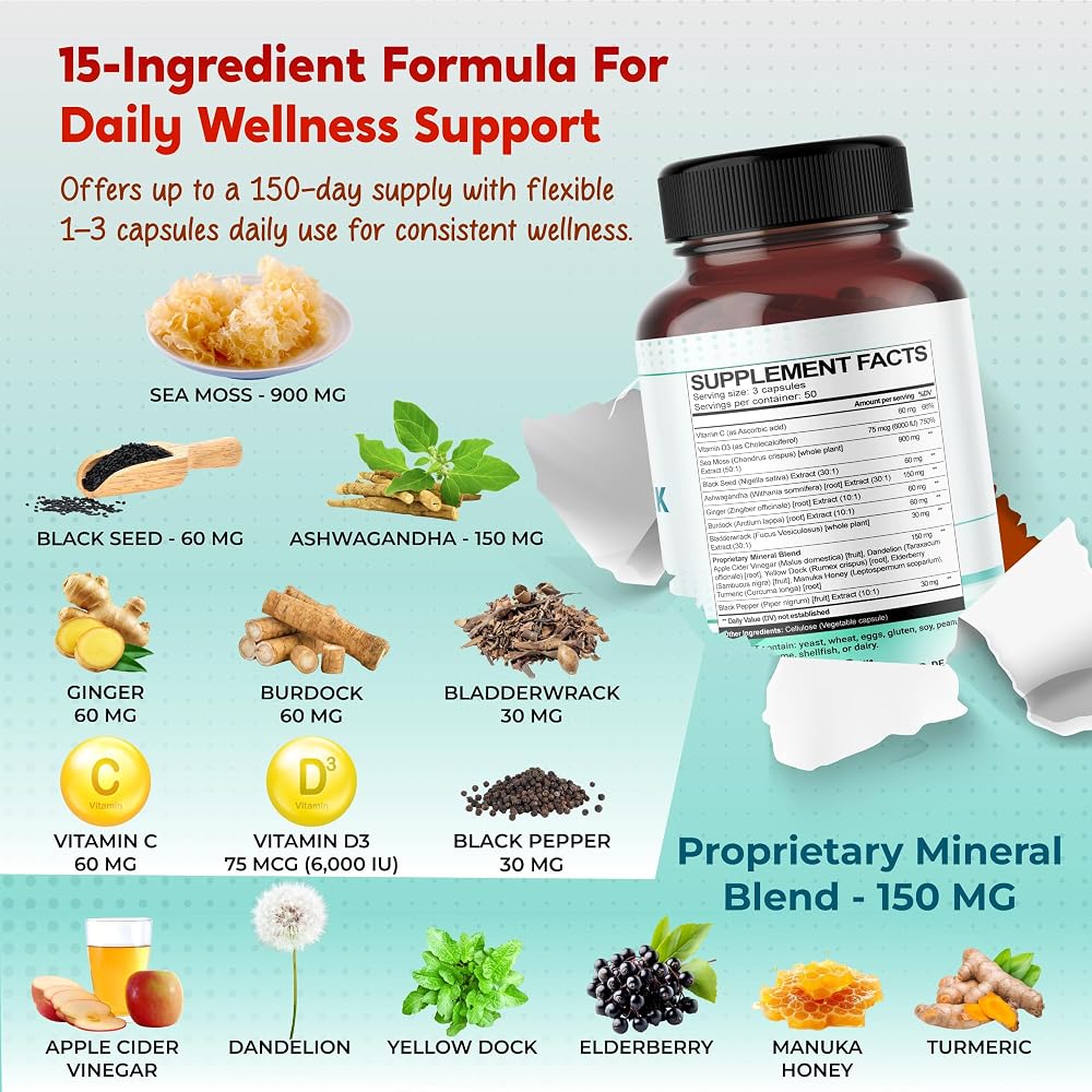 PeakPury Sea Moss 1500mg with Ashwagandha & Black Seed Oil - 150 Capsules - image 3