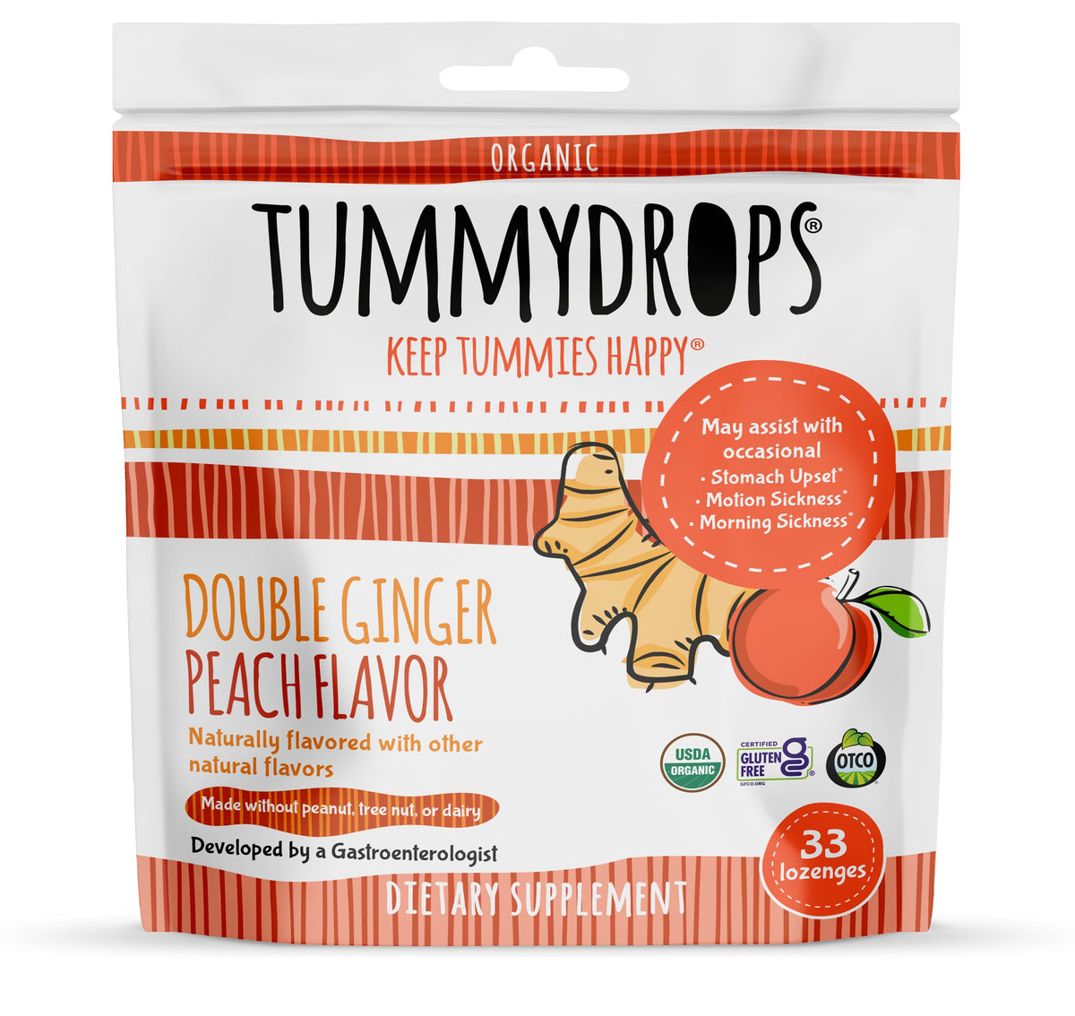 Tummydrops Double Ginger Peach Lozenges for Queasy Stomachs - 33 ct
