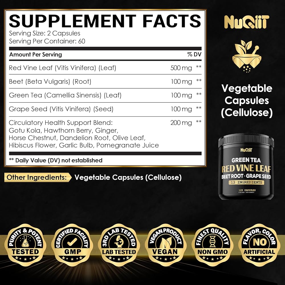 NUQIIT Red Vine Leaf Extract with Beet Root & Green Tea - 120 Capsules - image 2