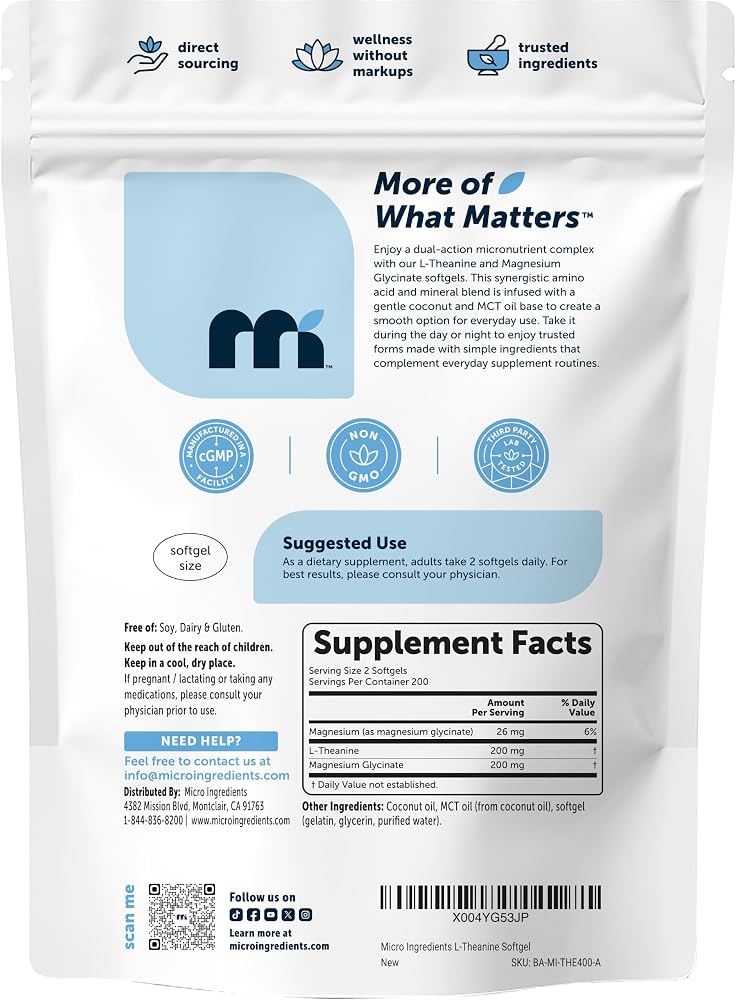 Micro Ingredients L-Theanine 200mg with Magnesium Glycinate - 400 Softgels - image 7