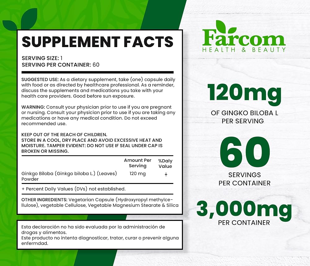 Farcom Ginkgo Biloba 120mg Vegetarian Capsules Brain Support - 60 Capsules - image 3