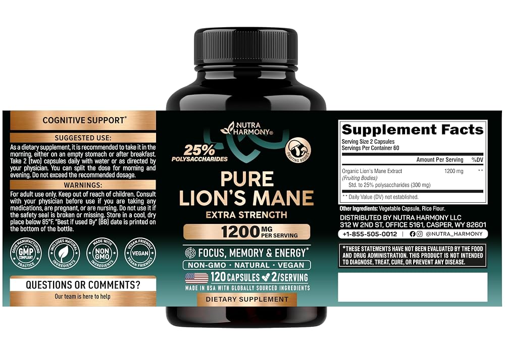 NUTRAHARMONY Lions Mane Supplement Capsules - Organic Lions Mane