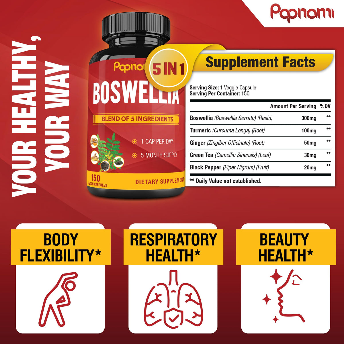 Papnami Boswellia Serrata Extract with Turmeric & Ginger - 150 Capsules - image 3