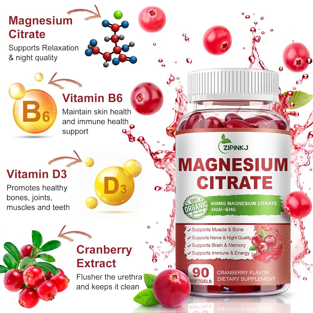 ZIPINKJ Magnesium Citrate Supplements 400mg for Women & Men