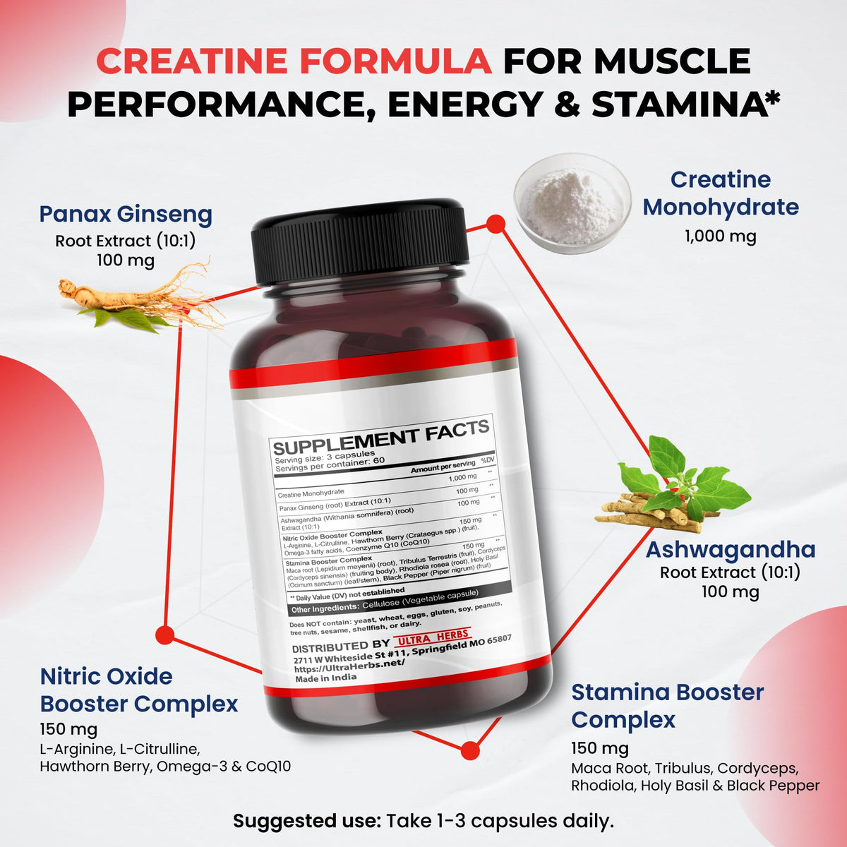 Ultra Herbs Creatine 1500 mg with Ginseng & Ashwagandha - 180 Capsules - image 3