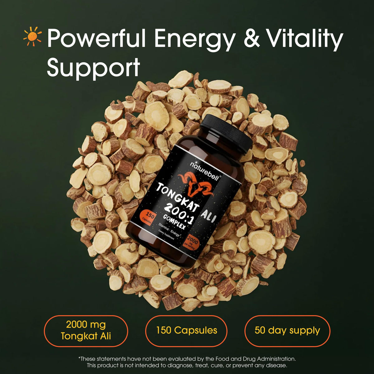 NatureBell Tongkat Ali 200:1 Herbal Supplement Energy & Stamina - 150 Capsules - image 2
