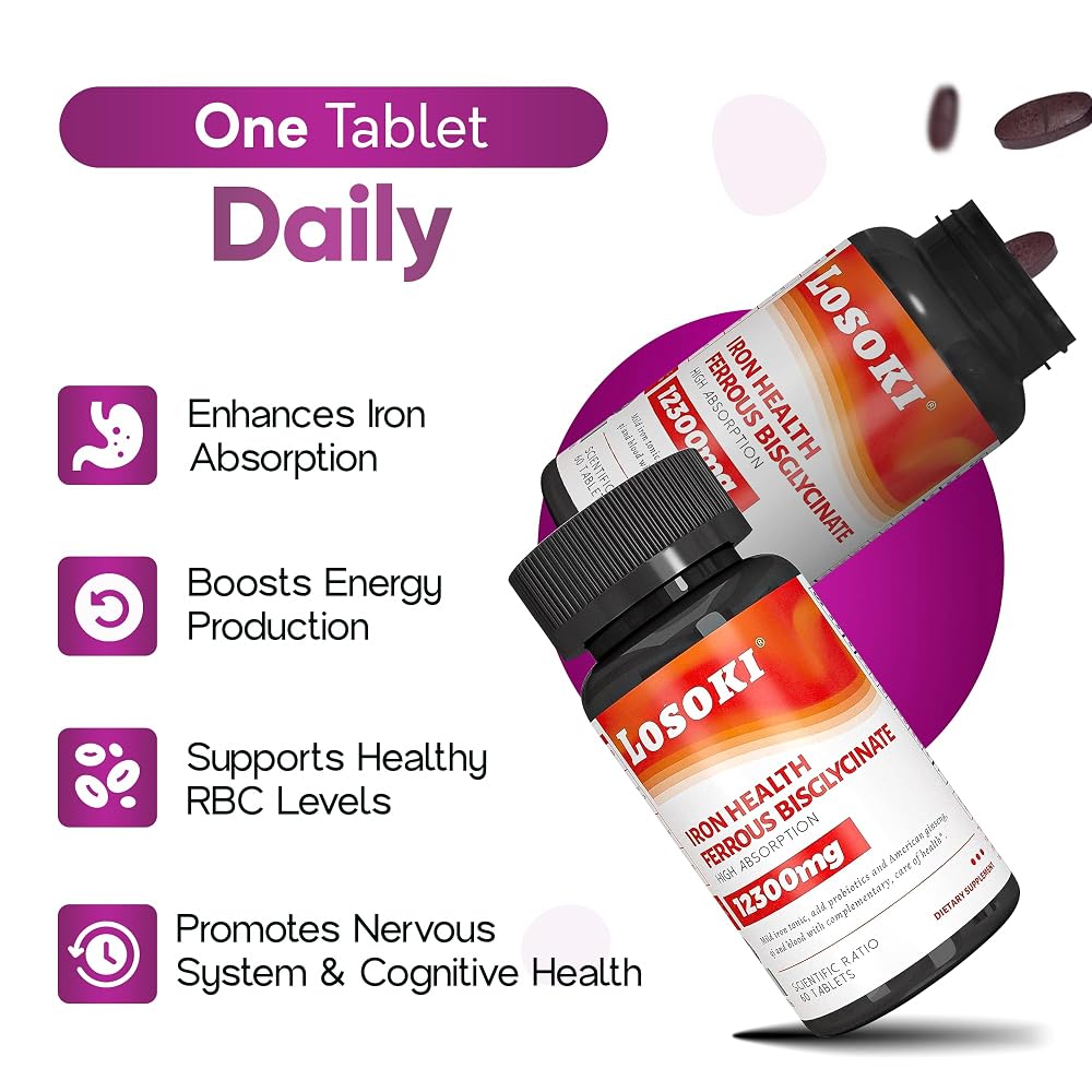 Losoki Iron Bisglycinate 20 mg with Vitamin C & B12 - 60 Tablets - image 3