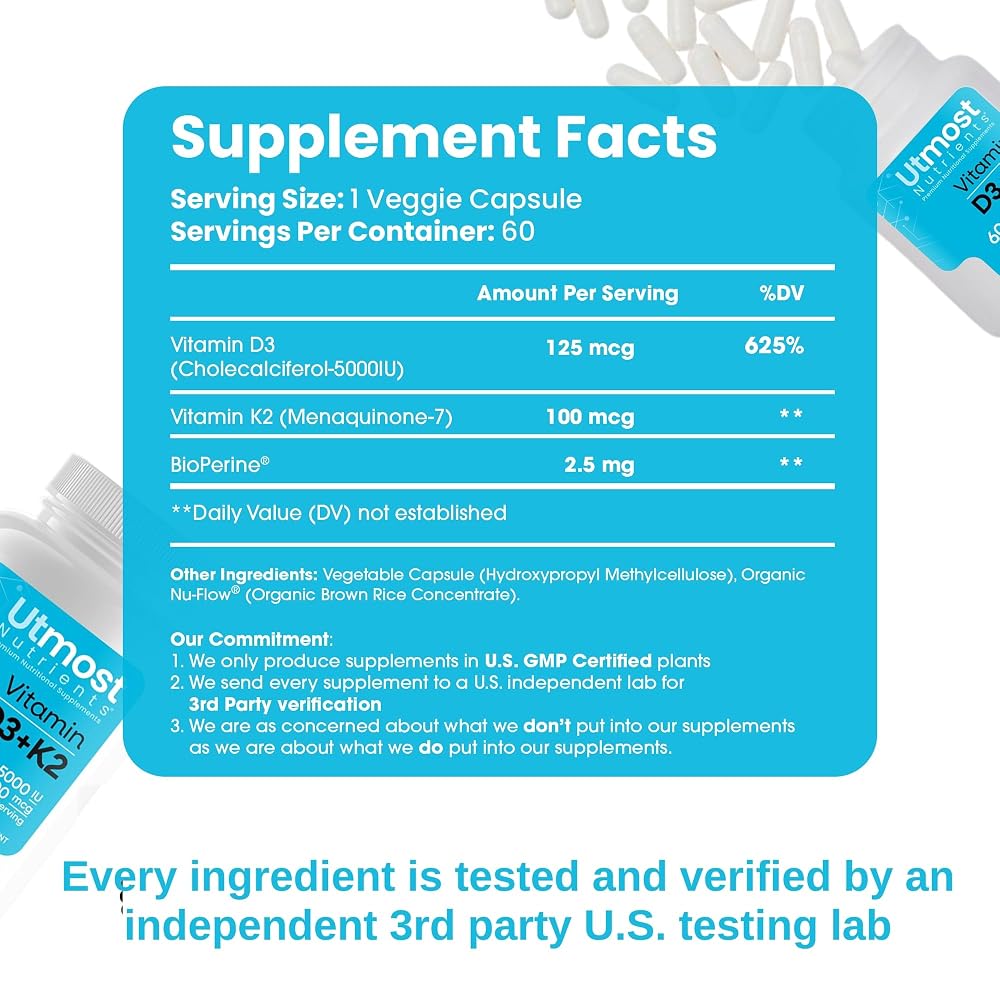 Utmost Nutrients Vitamin D3 5000 IU with K2 100 mcg - 60 Capsules - image 2