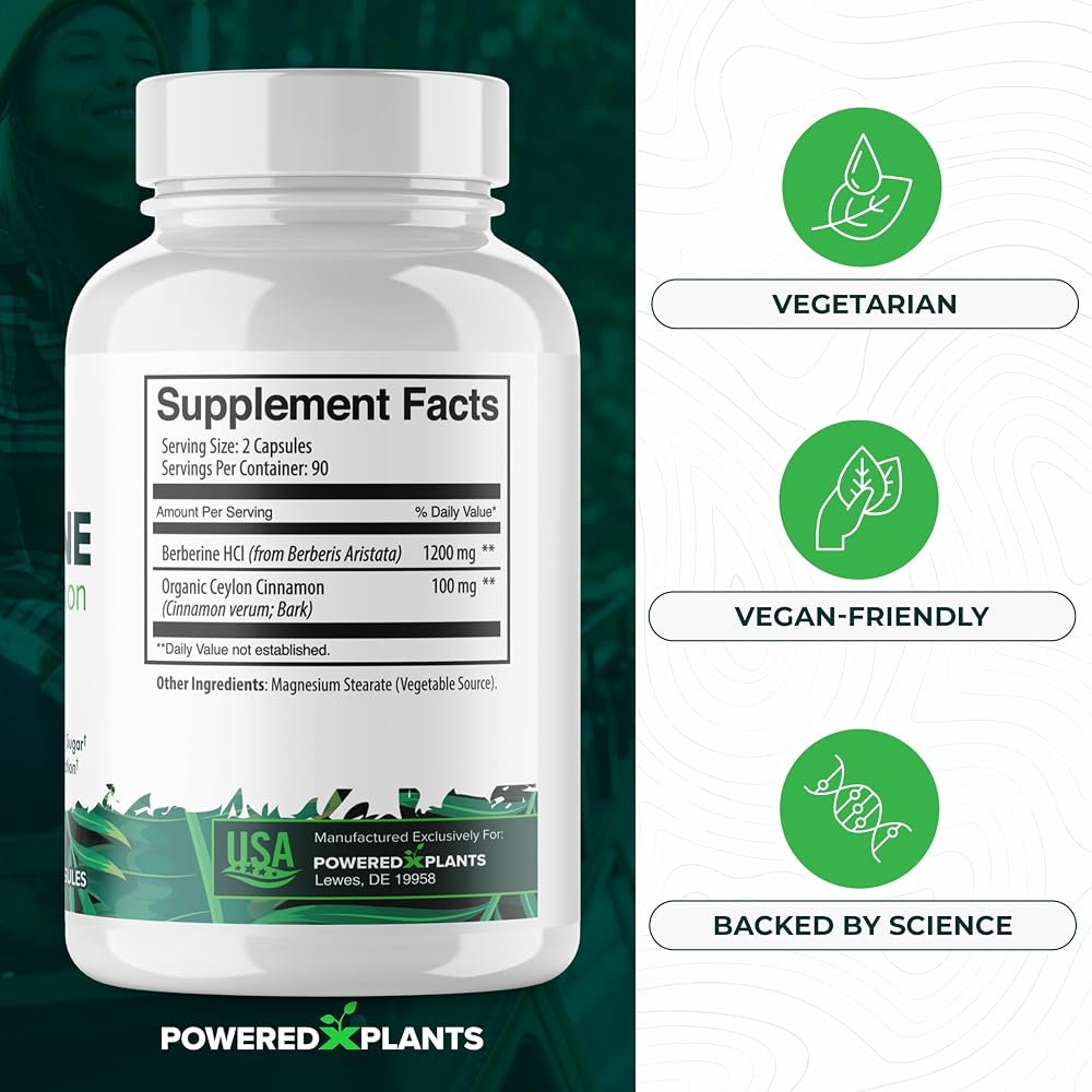 POWERED X PLANTS Pure Berberine Supplement - 1300mg Berberine