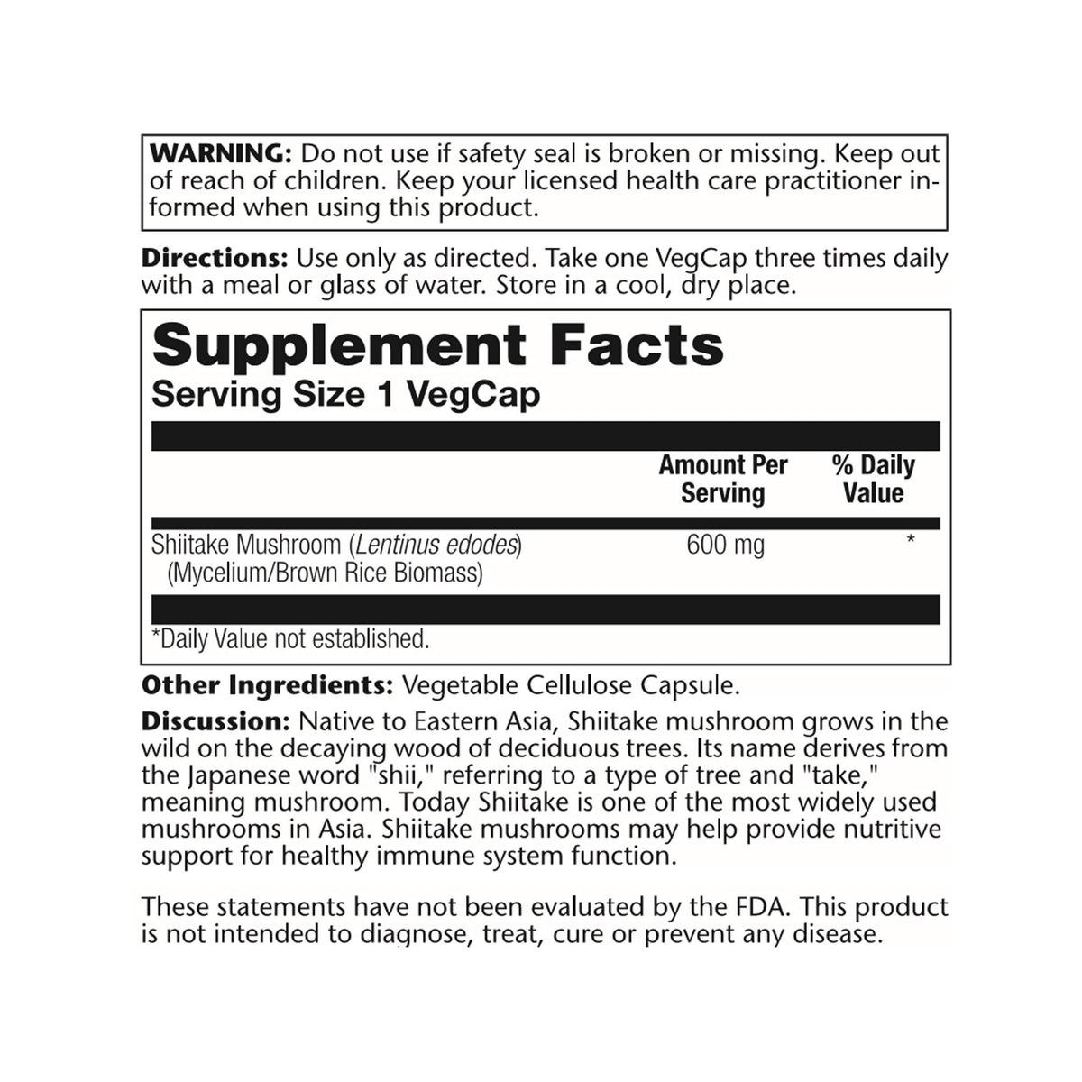 SOLARAY Shiitake Mushroom 600 mg Supplement - 100 Vegetarian Capsules - image 3