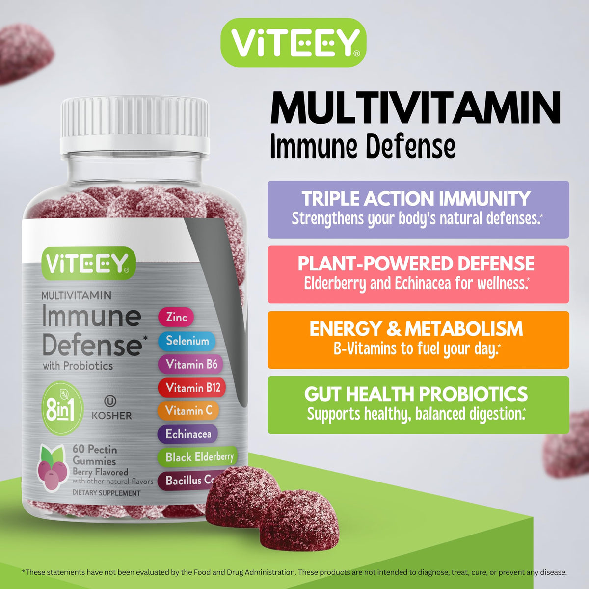 Viteey 8 in 1 Immune Support Booster Pectin Gummies with Probiotics