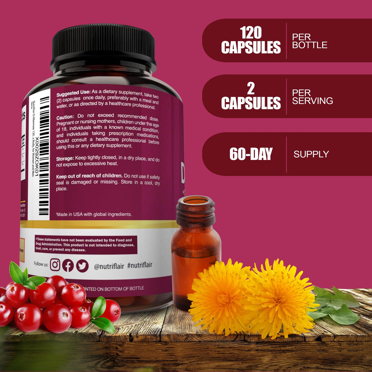 NutriFlair D-Mannose 1500mg with Cranberry - 120 Capsules - image 4