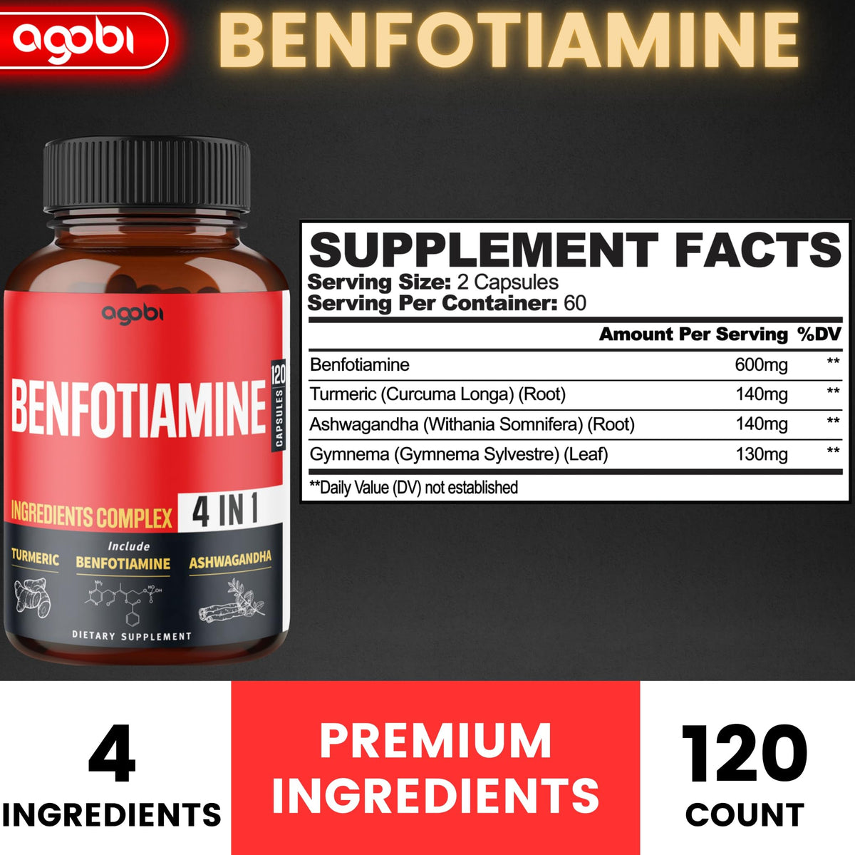 agobi Benfotiamine Supplement 4in1 for Digestion & Energy - 120 Capsules - image 2