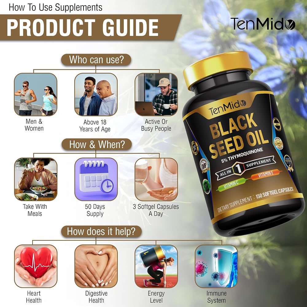 Tenmido Black Seed Oil Capsules with Vitamin C & E - 150 Softgels - image 6