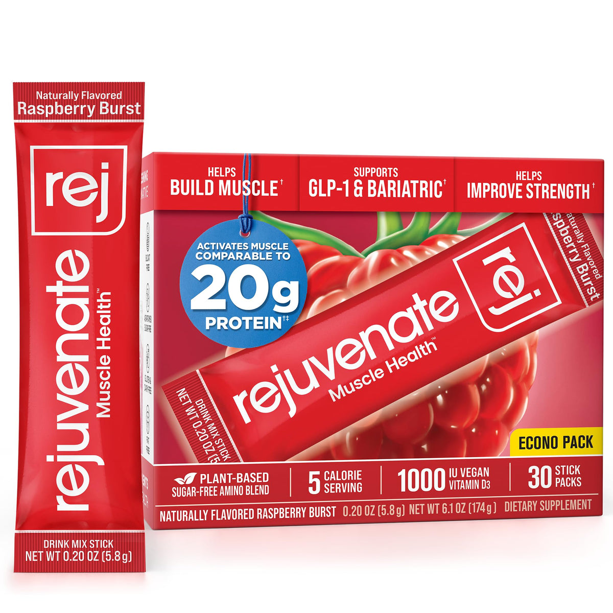 Rejuvenate Perfect Amino Protein Alternative Drink Mix, Raspberry - 30ct