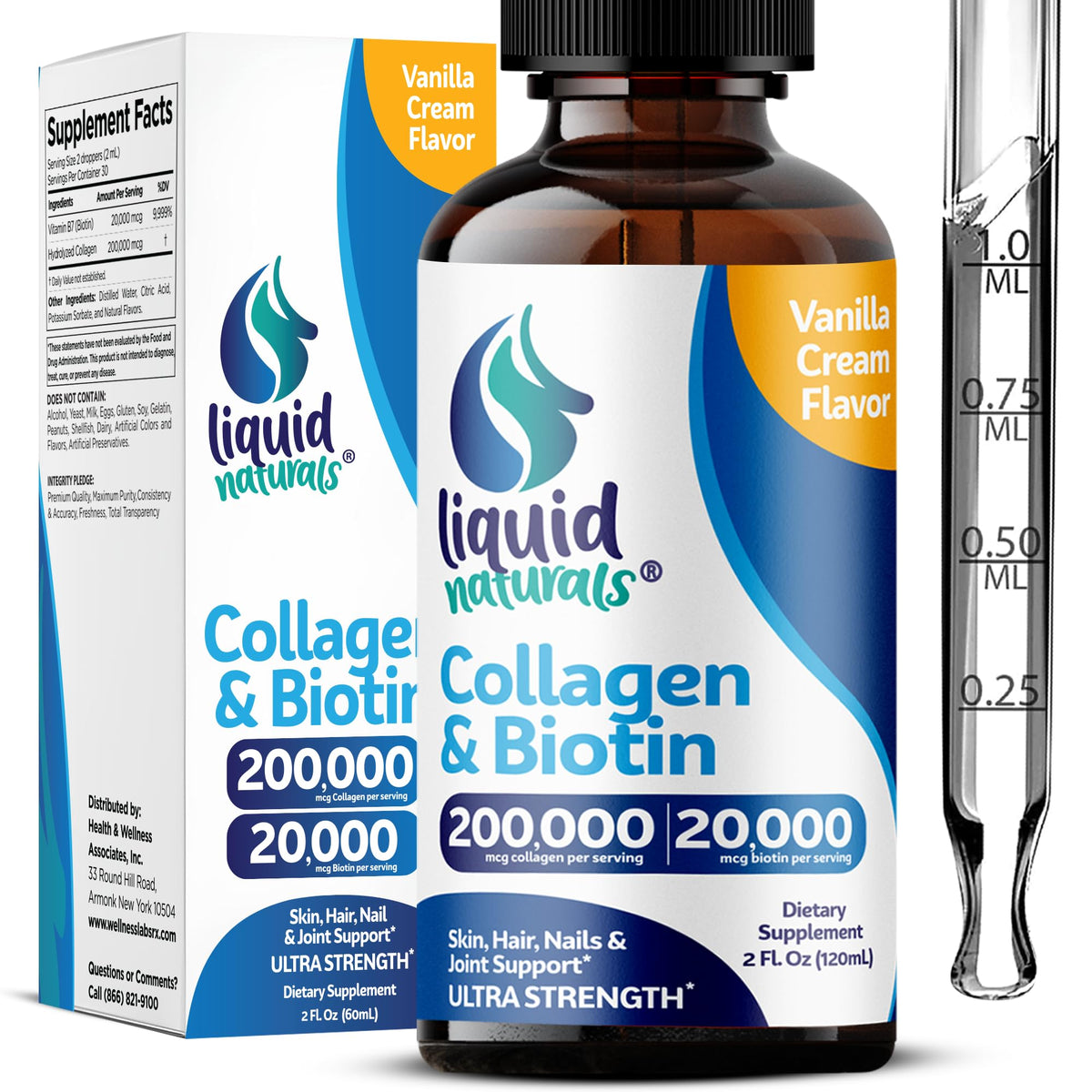 Liquid Naturals Collagen and Biotin Liquid for Women, Vanilla - 2 fl oz