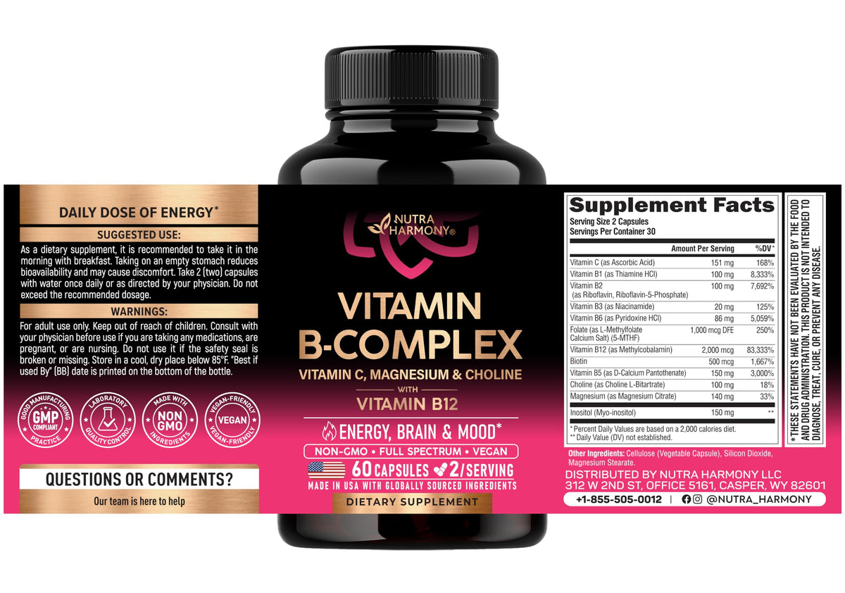 NUTRAHARMONY Vitamin B Complex for Energy & Stress Support - 60 Capsules - image 2