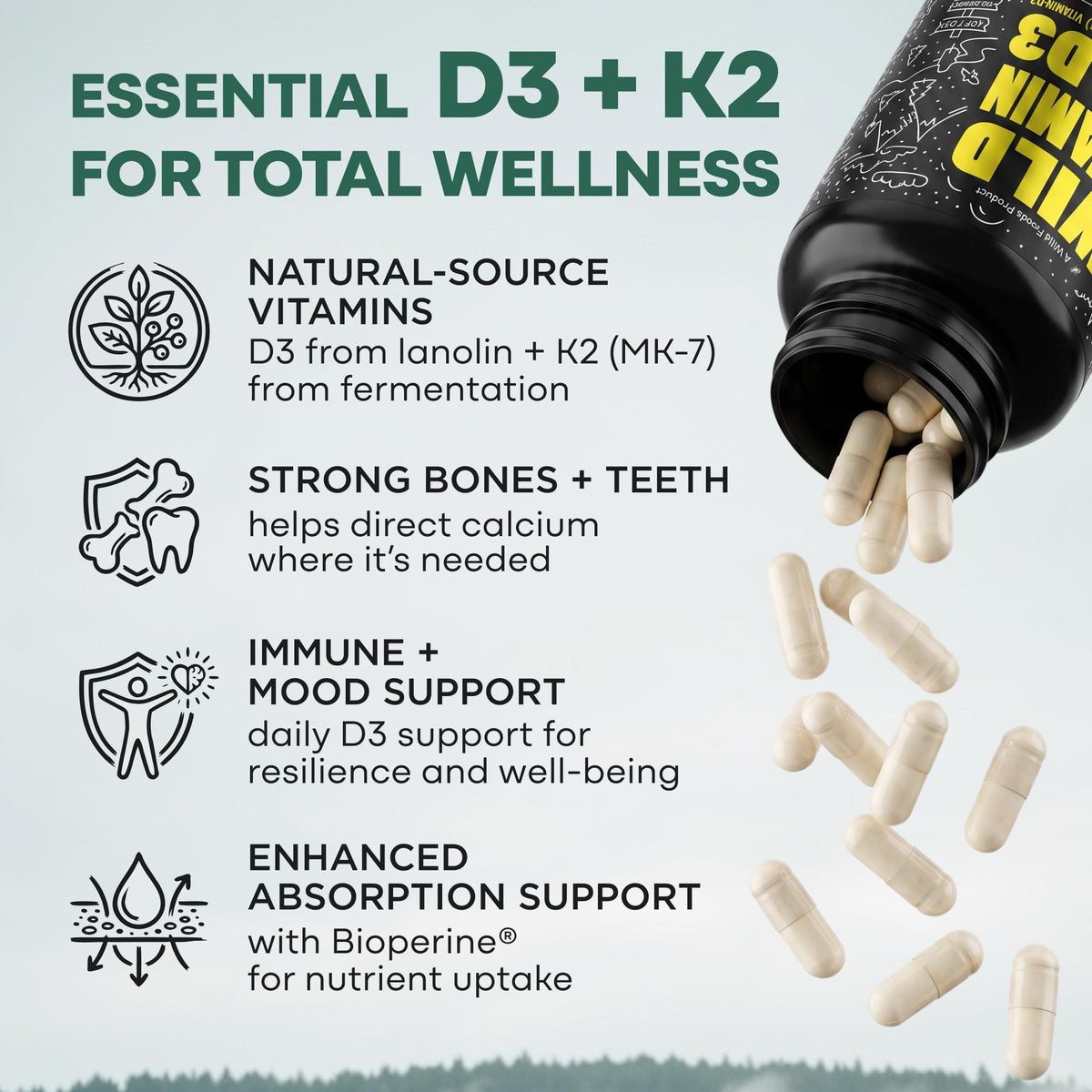 Wild Foods Vitamin D3 + K2 5000 IU - 60 Capsules - image 2