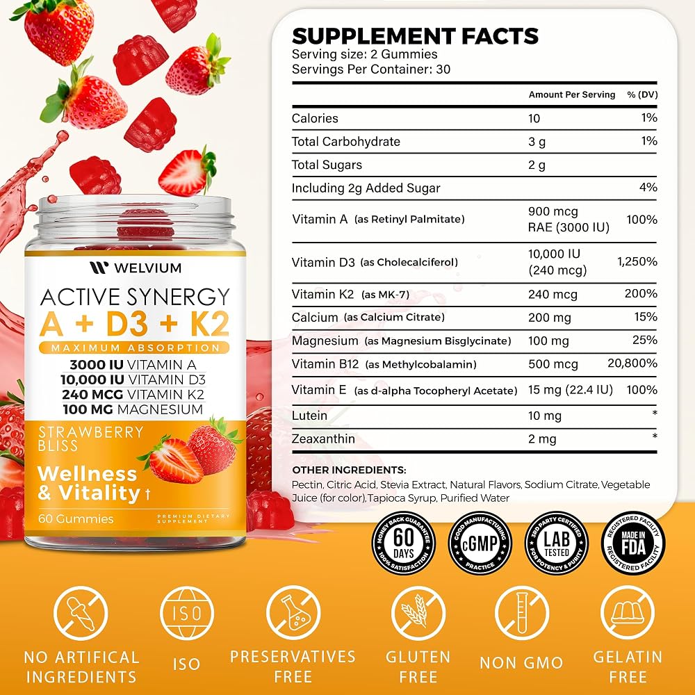 WELVIUM Vitamin D3 K2 Gummies with Lutein & Zeaxanthin - 60 Count - image 3