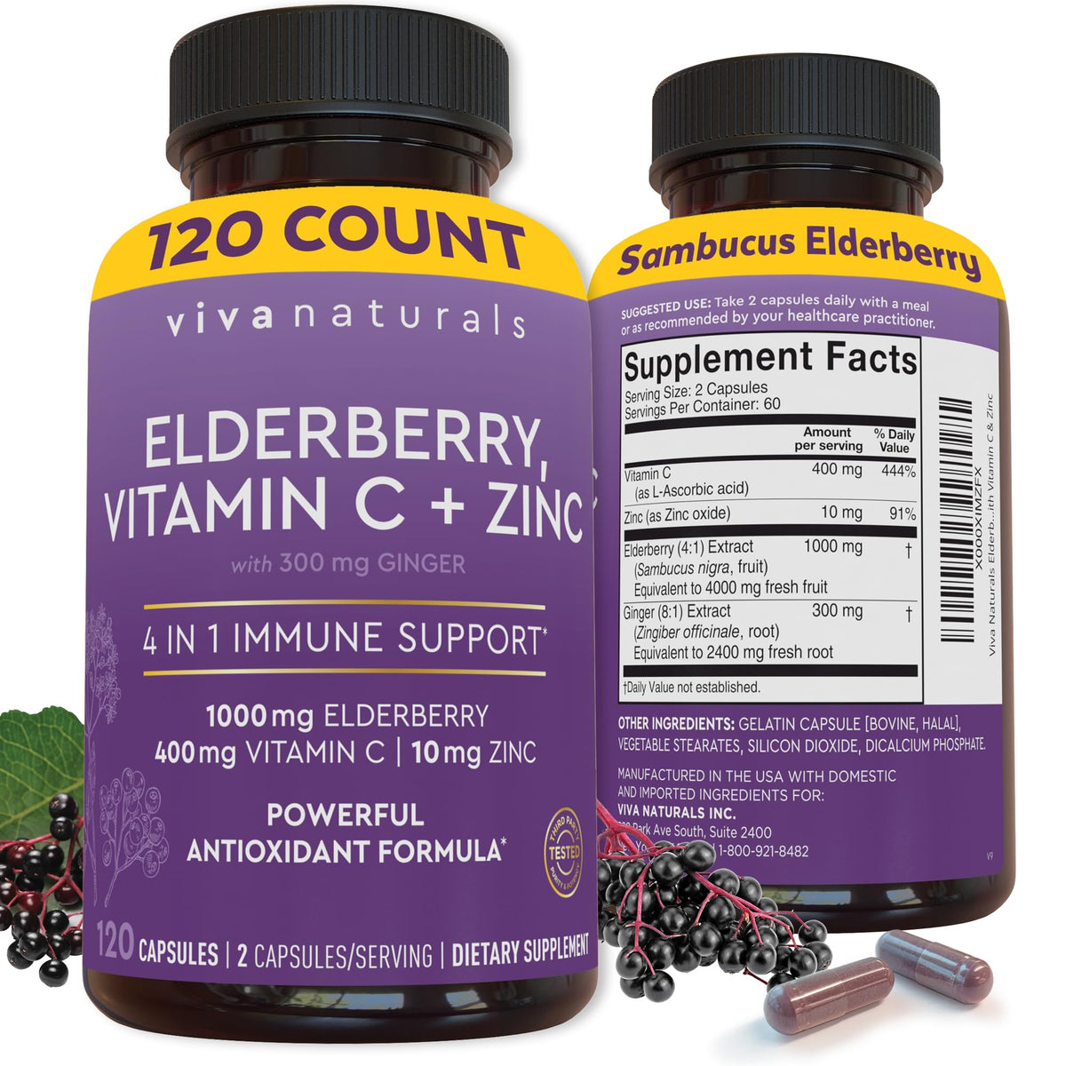 Viva Naturals Elderberry with Vitamin C and Zinc - 120 Capsules