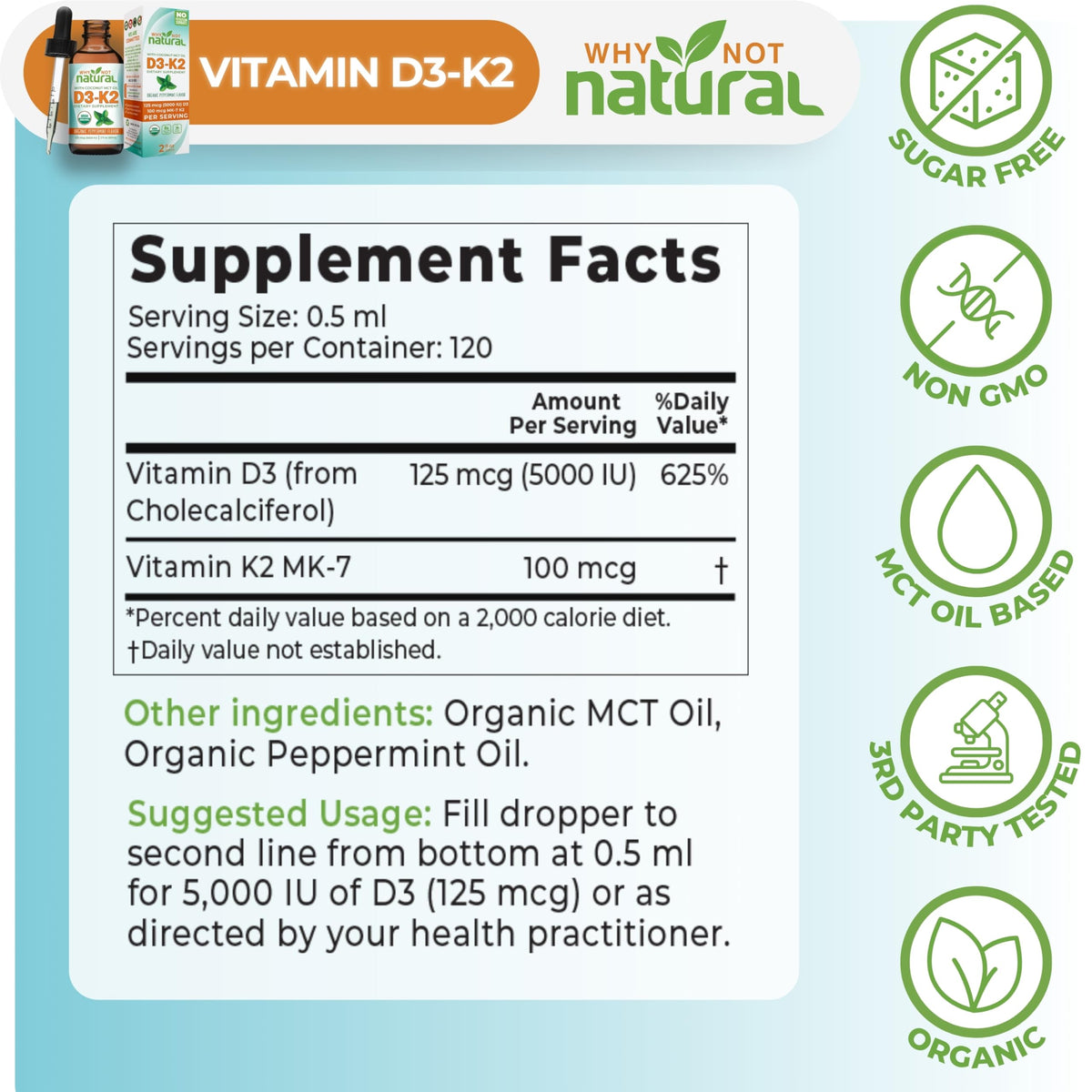 Why Not Natural Vitamin D3 K2 Liquid Drops 5000 IU - 2 Fl Oz - image 5