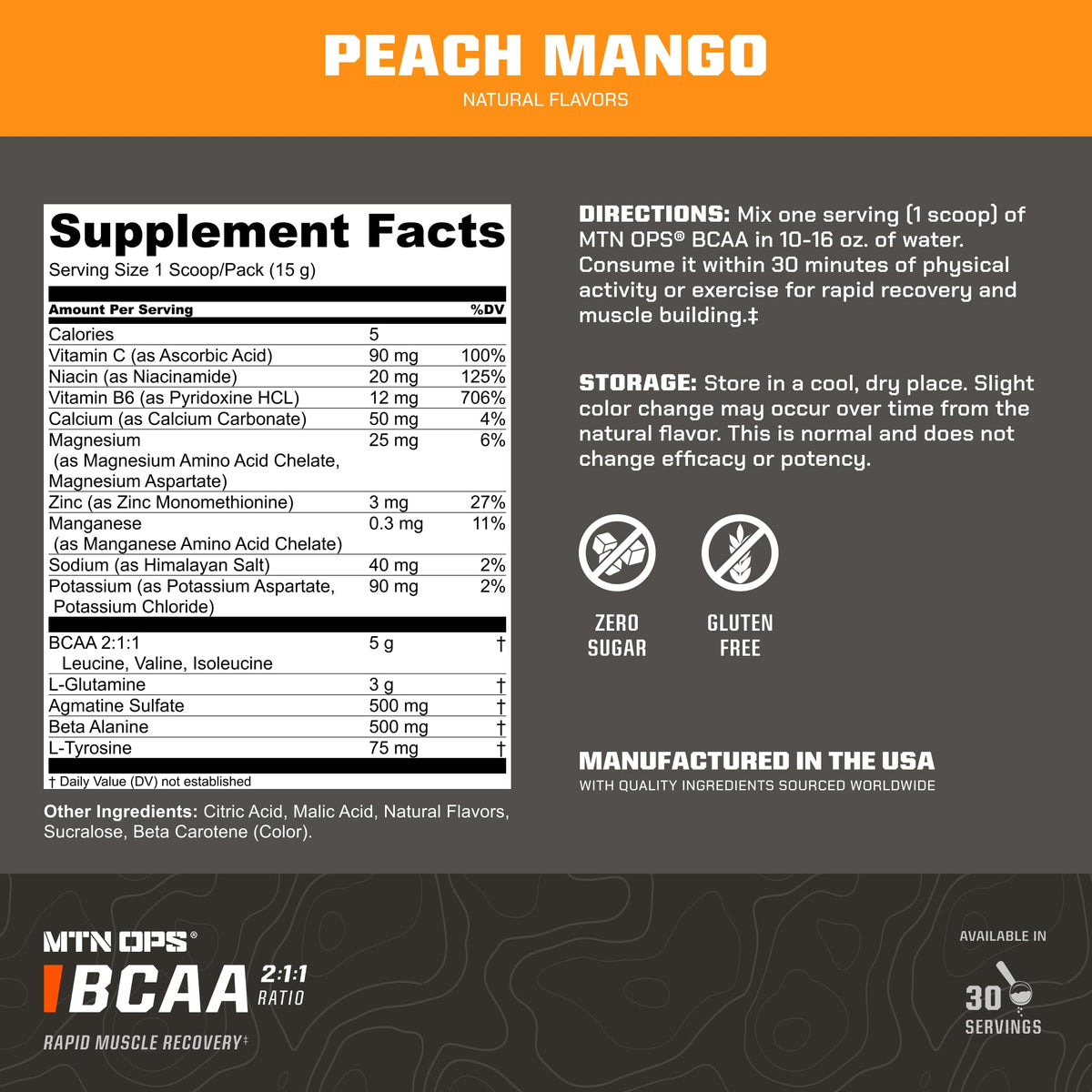 MTN OPS BCAA Powder for Muscle Recovery, Peach Mango - 14.1 oz - image 2