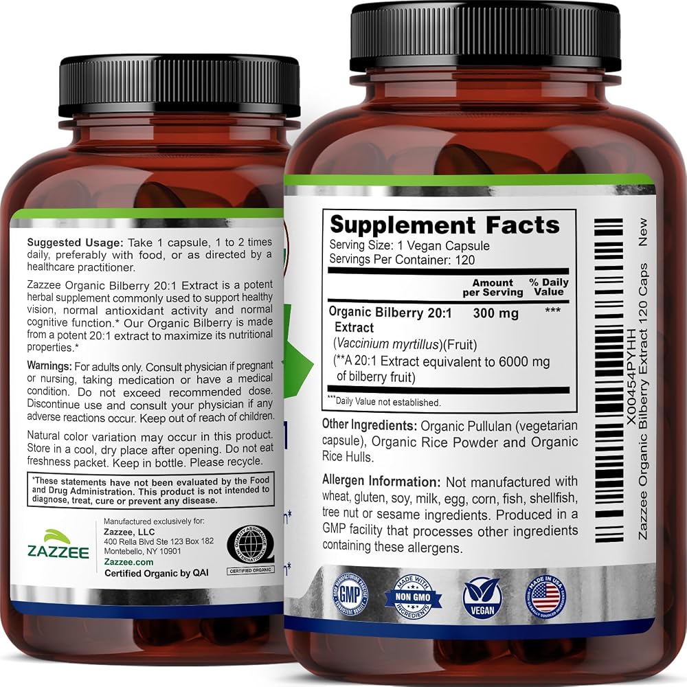 Zazzee USDA Organic Bilberry 20:1 Extract - 120 Capsules - image 7