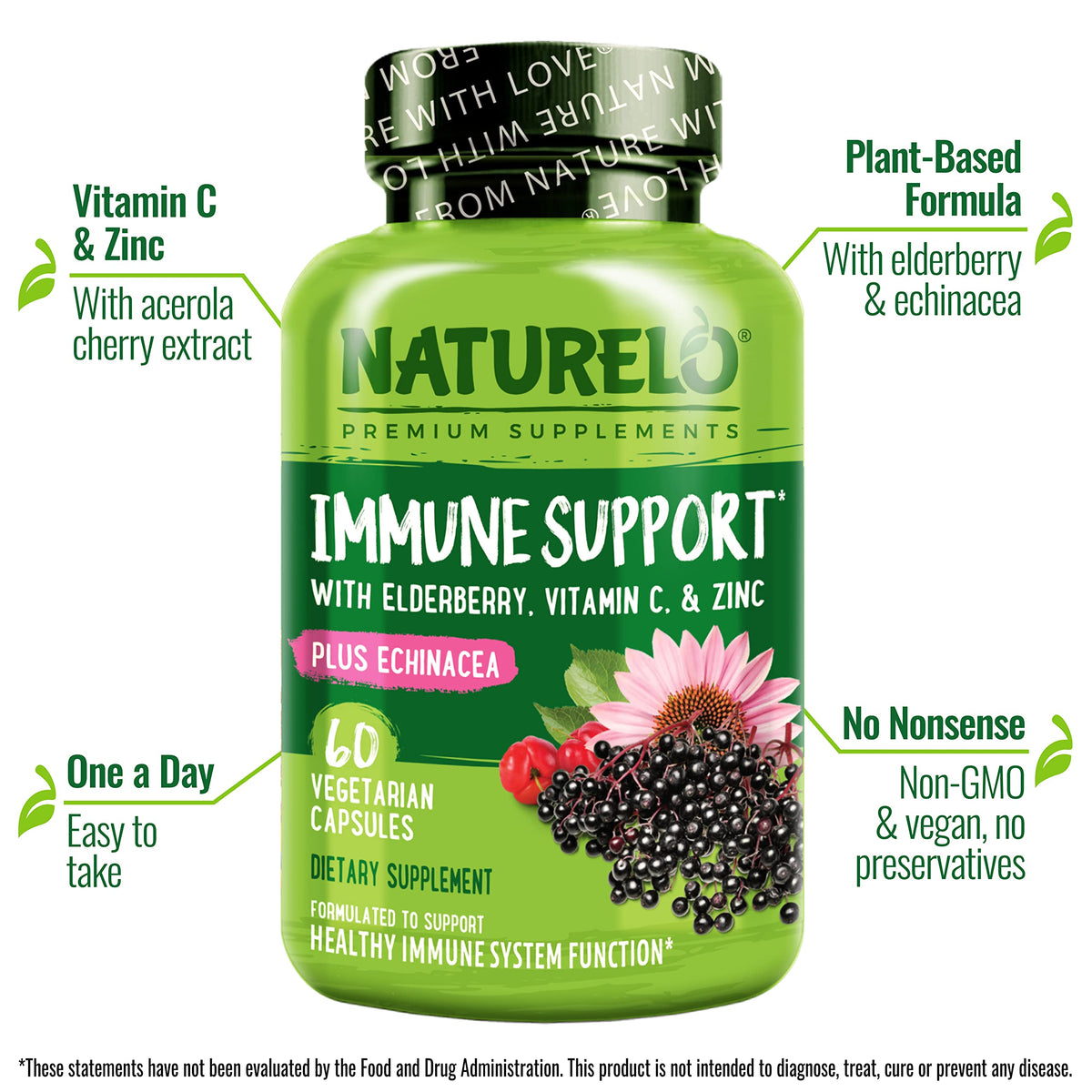 NATURELO Immune Support Supplement Elderberry Vitamin C - 120 Capsules - image 2