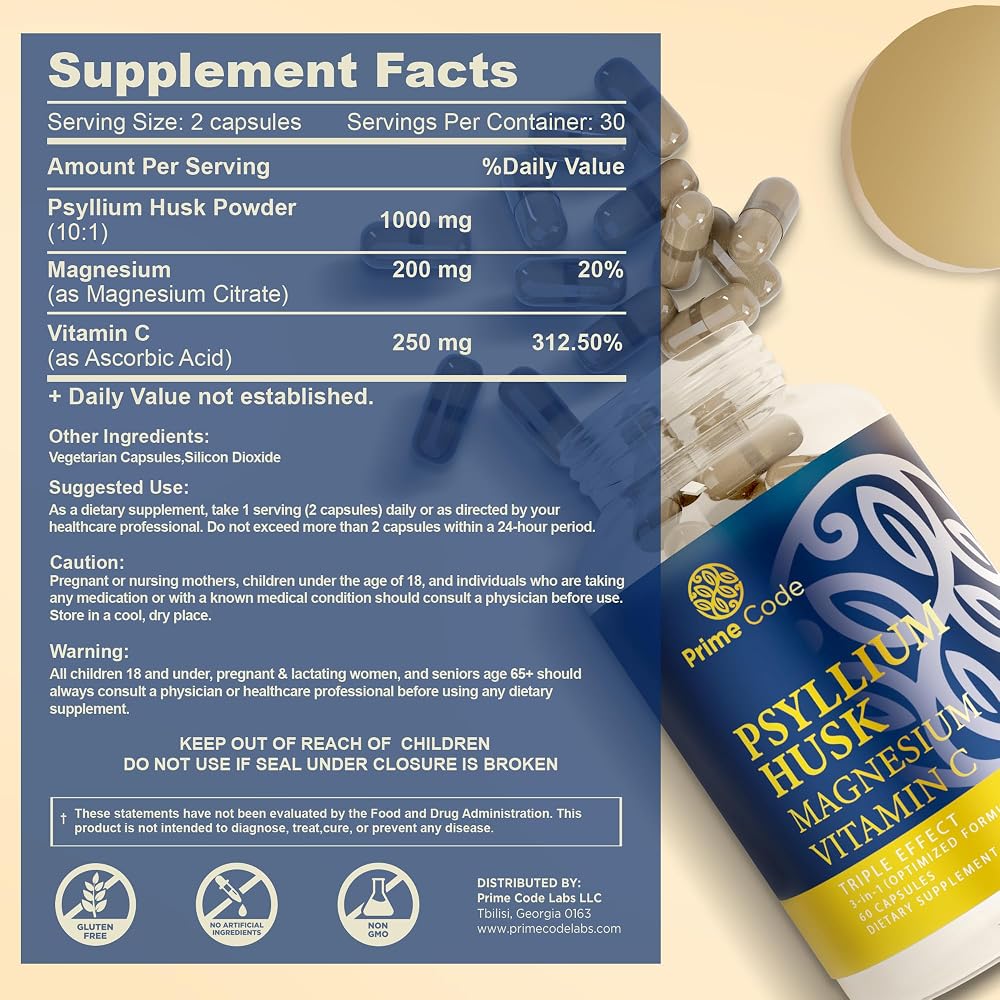 Prime Code Psyllium Husk Capsules with Magnesium & Vitamin C - 60 Capsules - image 2