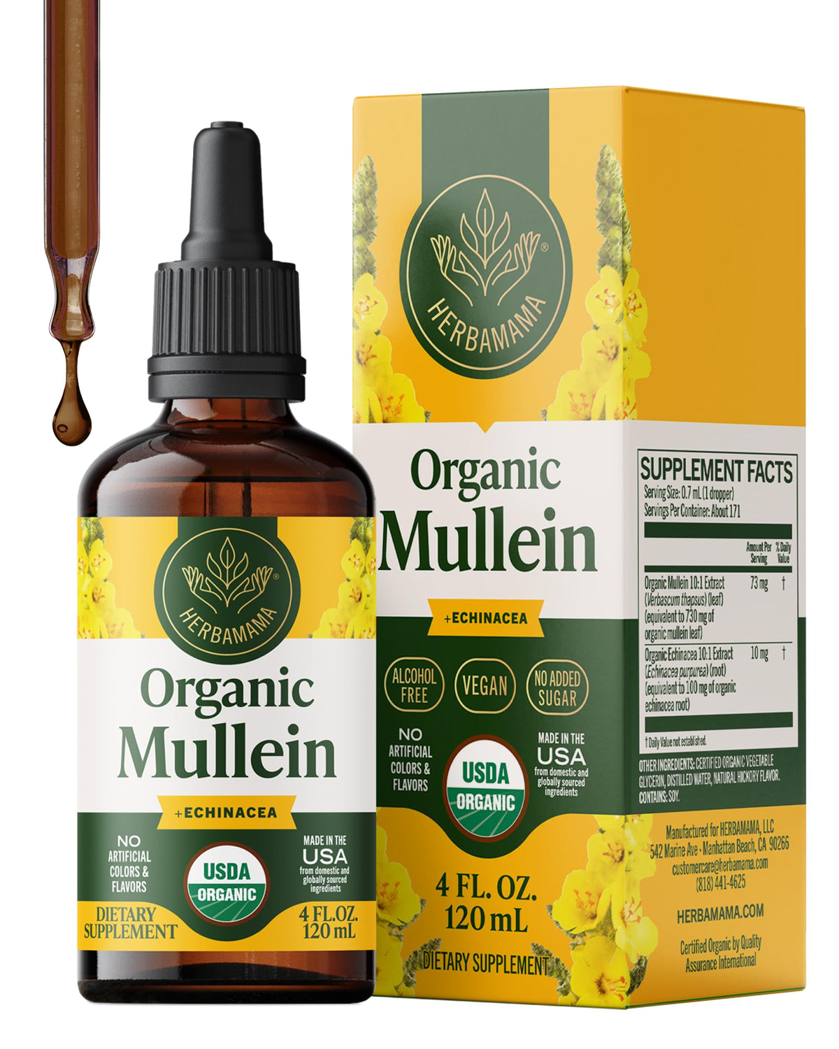 HERBAMAMA USDA Organic Mullein Drops for Lungs - 4 oz