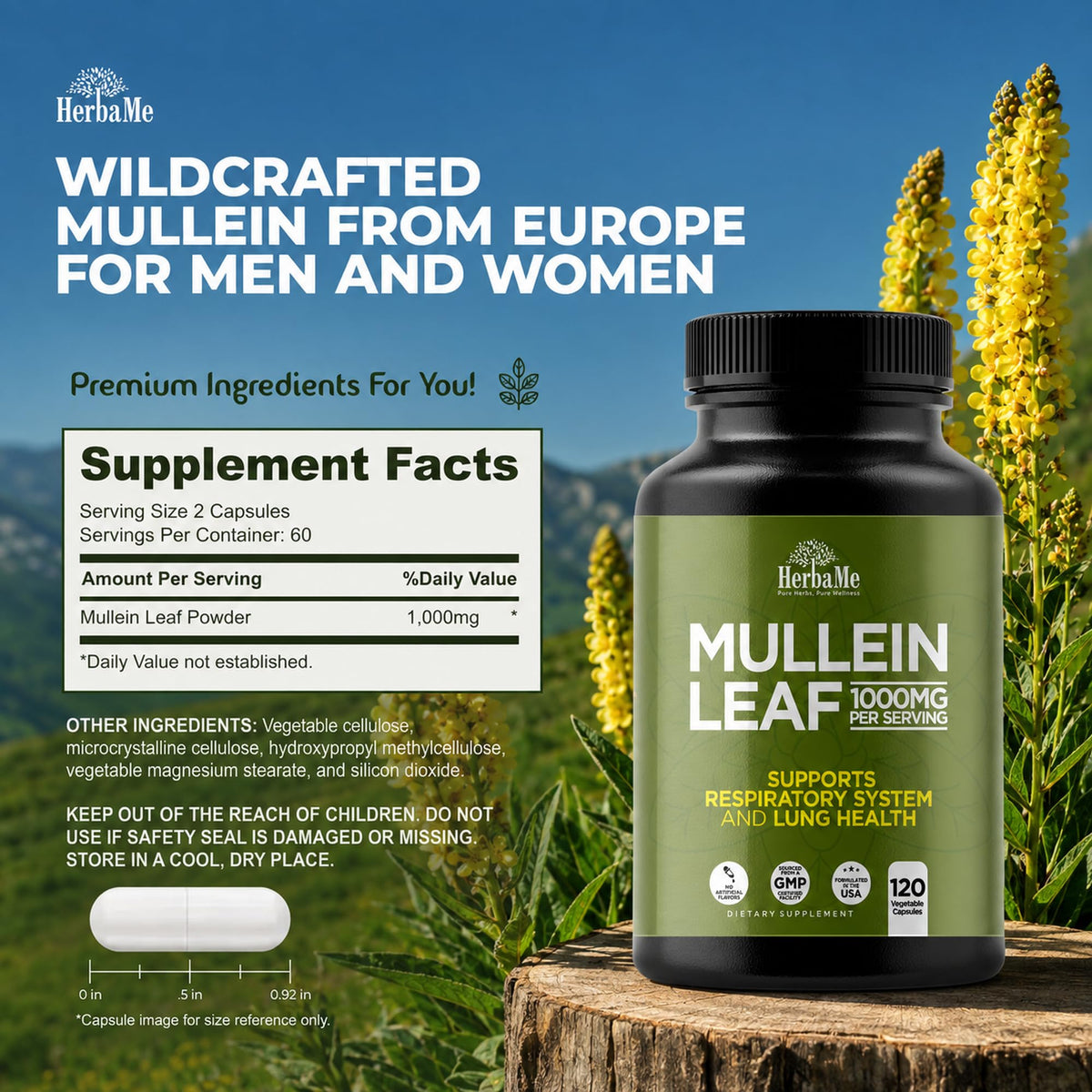 HerbaMe Mullein Leaf 1000mg Lung Support - 120 Capsules - image 2